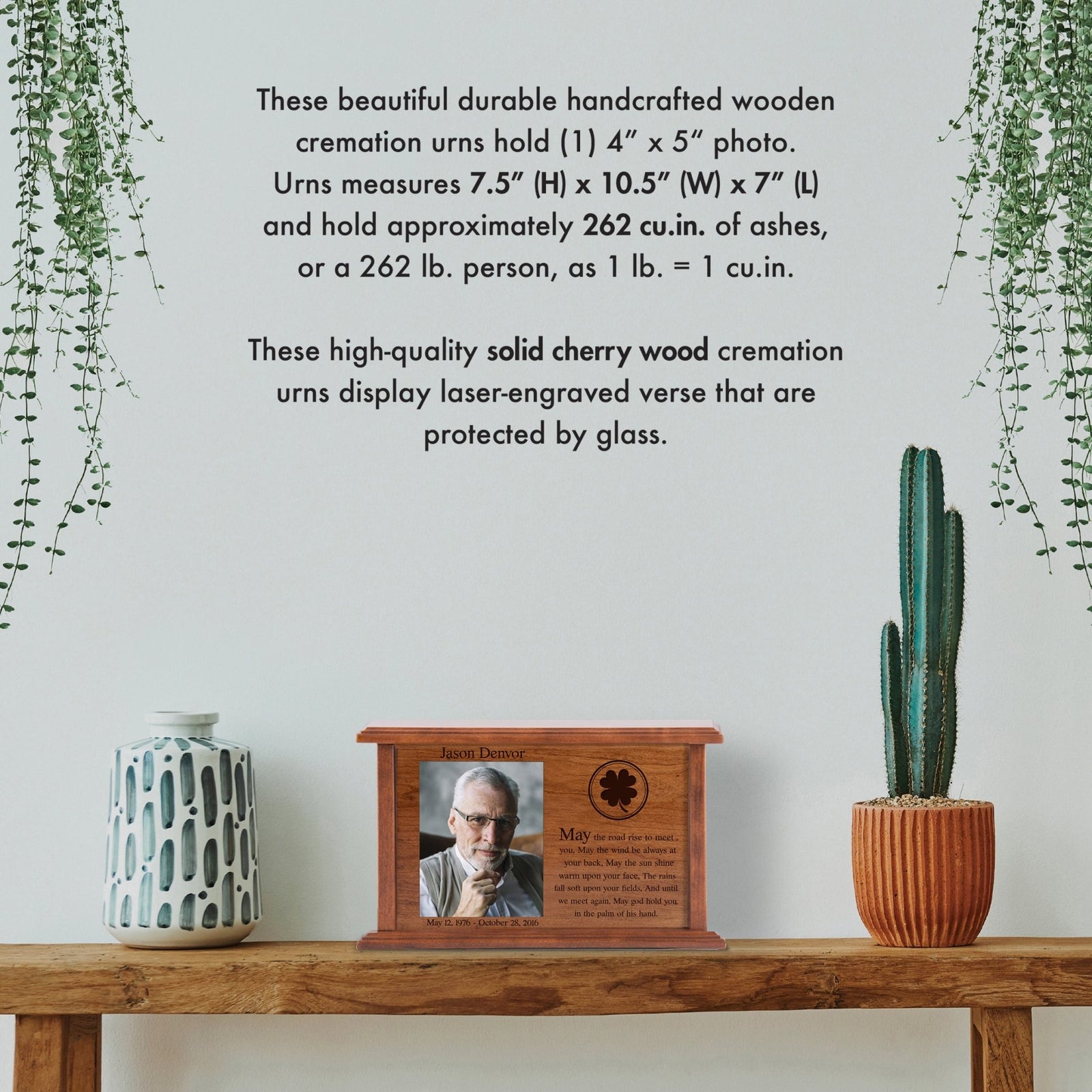 Large Custom Engraved Irish Funeral Photo Urn Box in Cherry Wood - May The Road Rise - LifeSong Milestones