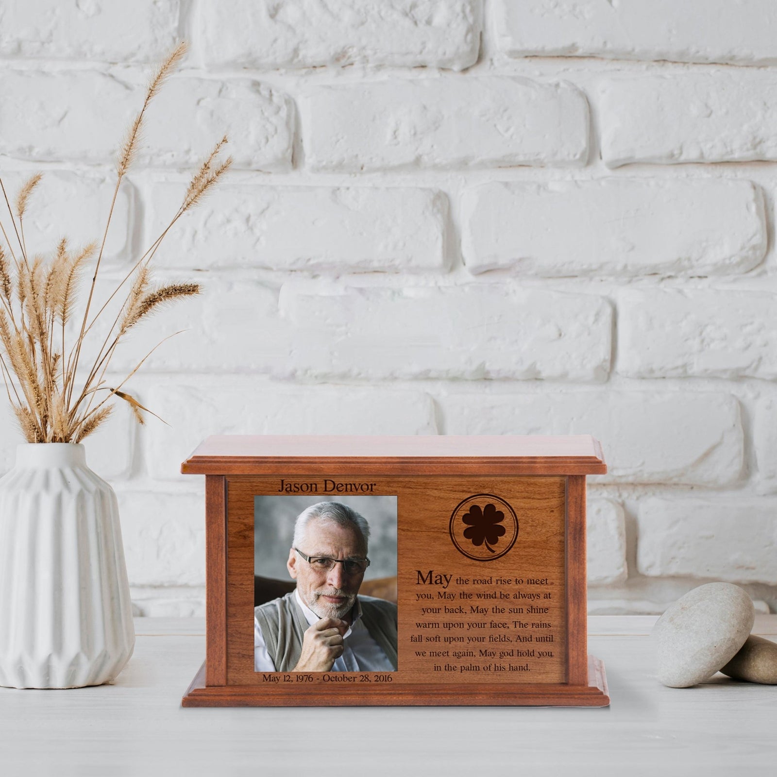 Large Custom Engraved Irish Funeral Photo Urn Box in Cherry Wood - May The Road Rise - LifeSong Milestones