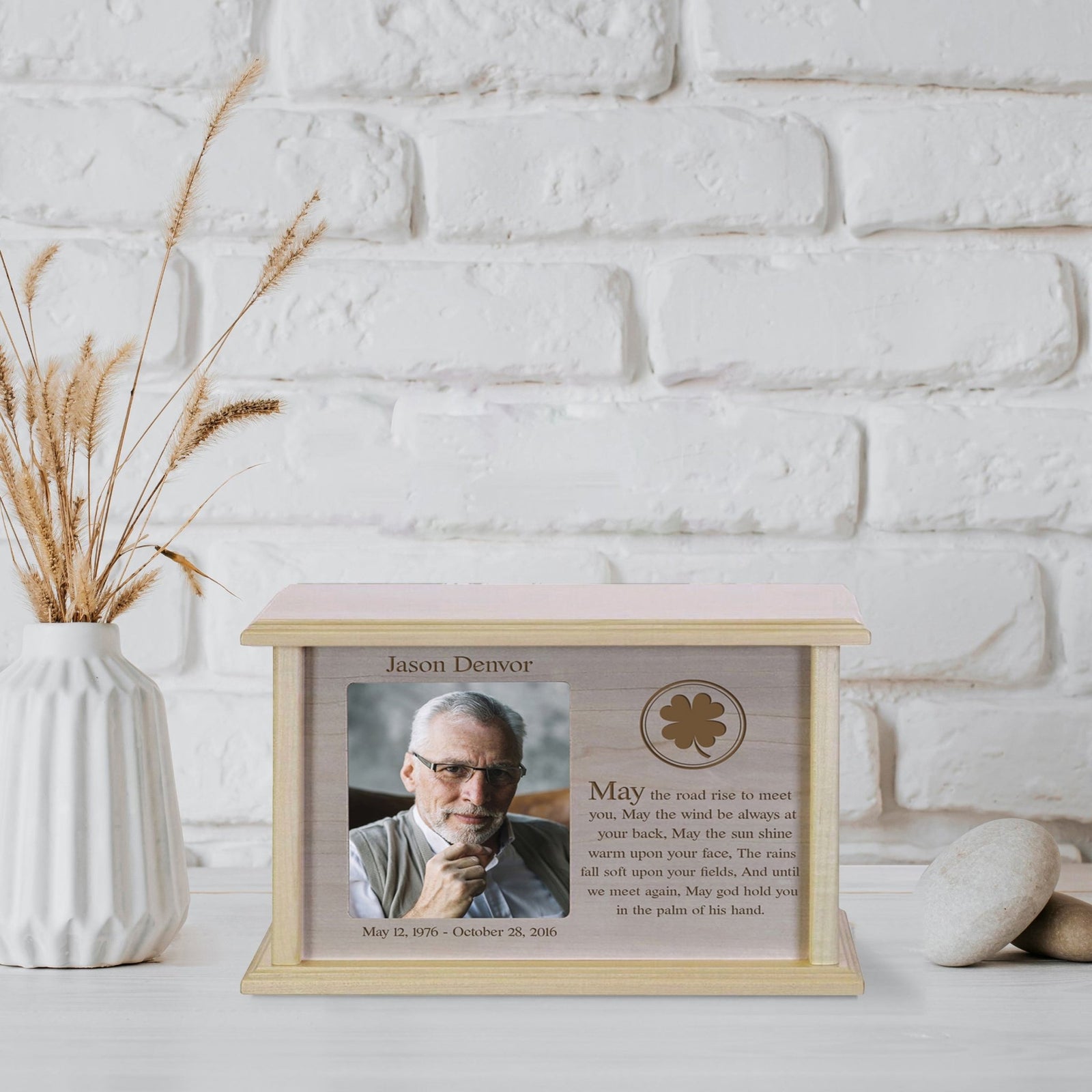 Large Custom Engraved Irish Funeral Photo Urn Box in Cherry Wood - May The Road Rise - LifeSong Milestones