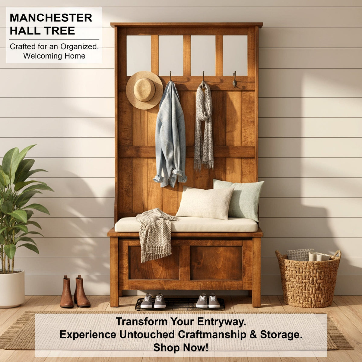 Manchester Wooden Hall Tree Bench - Entryway Organizer with Shoe Storage, Coat Rack & Seating | Handcrafted USA - LifeSong Milestones