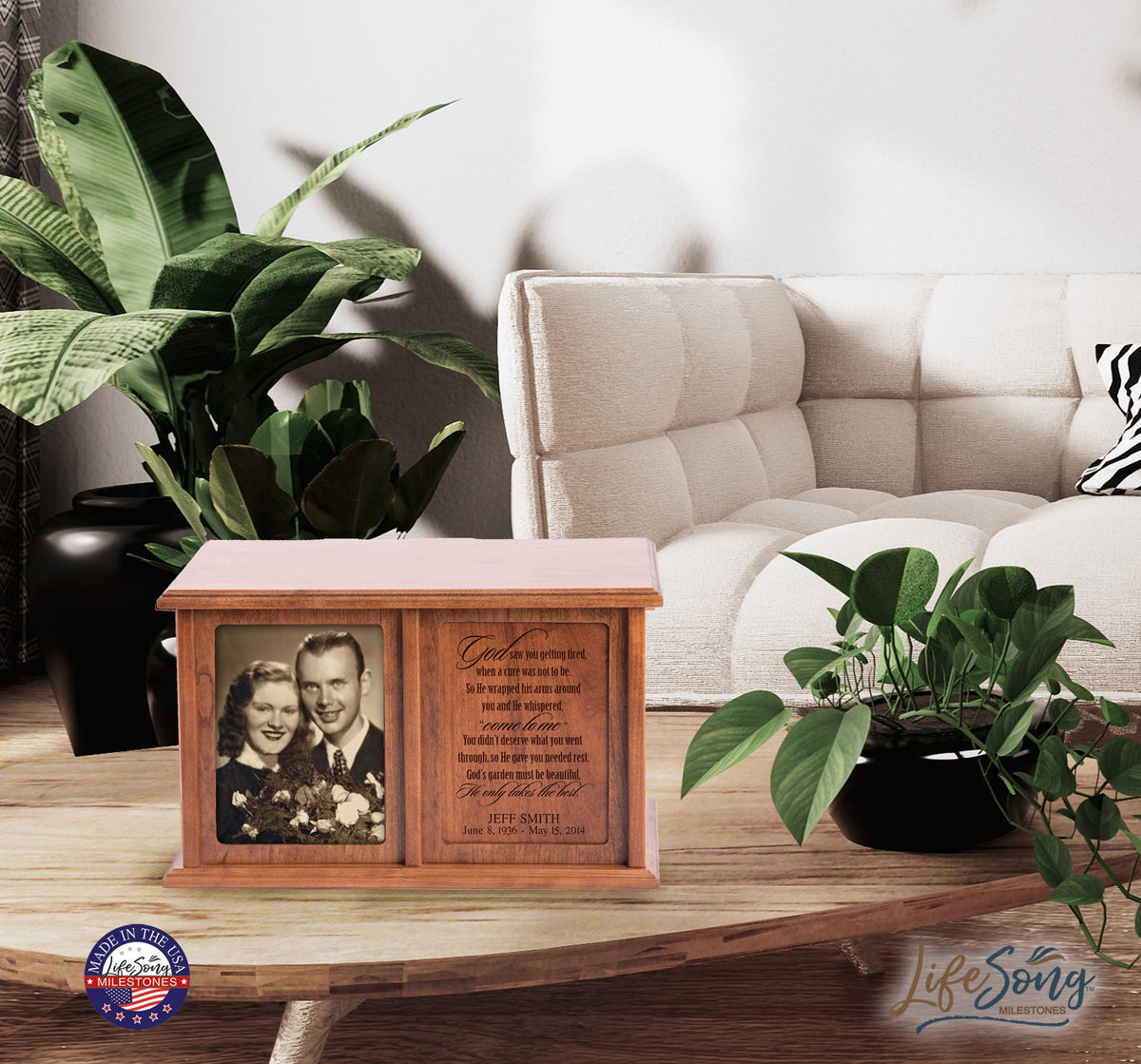 Memorial Wooden Companion Urn| Double Urn for Human Ashes| Bereavement Funeral Keepsake - God Saw You - LifeSong Milestones