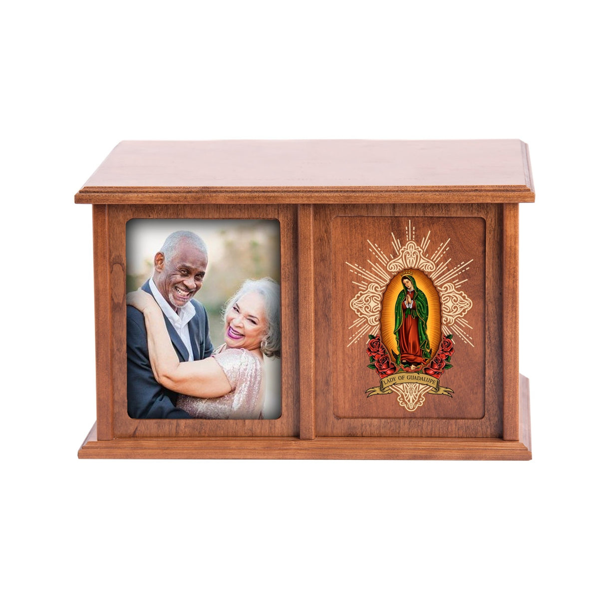 Memorial Wooden Companion Urn| Double Urn for Human Ashes| Bereavement Funeral Keepsake - Lady of Guadalupe - LifeSong Milestones