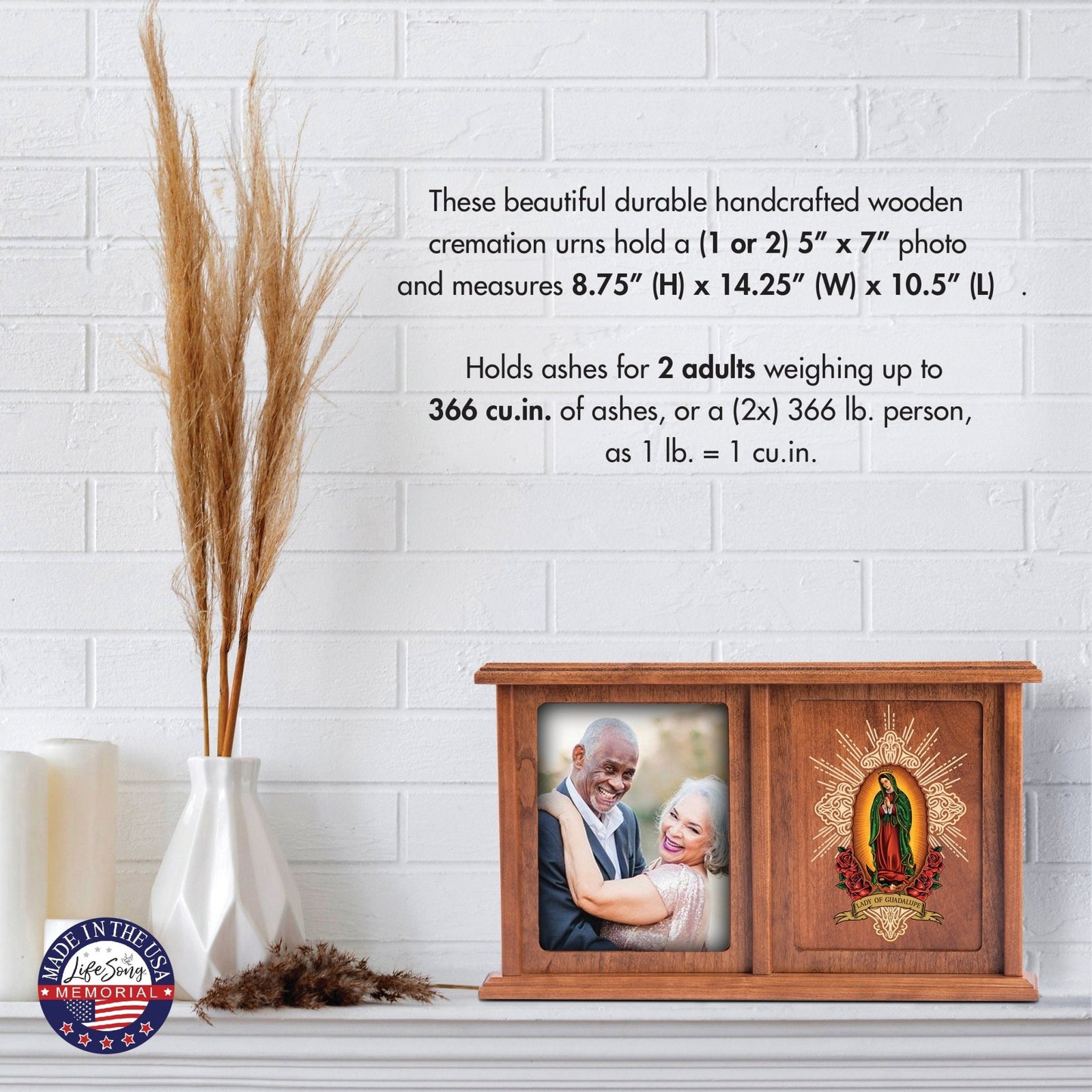 Memorial Wooden Companion Urn| Double Urn for Human Ashes| Bereavement Funeral Keepsake - Lady of Guadalupe - LifeSong Milestones