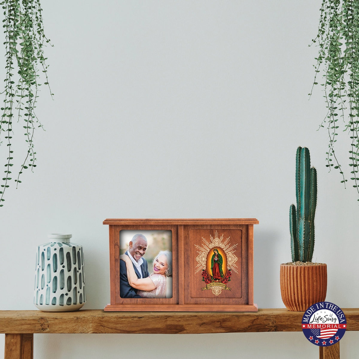 Memorial Wooden Companion Urn| Double Urn for Human Ashes| Bereavement Funeral Keepsake - Lady of Guadalupe - LifeSong Milestones