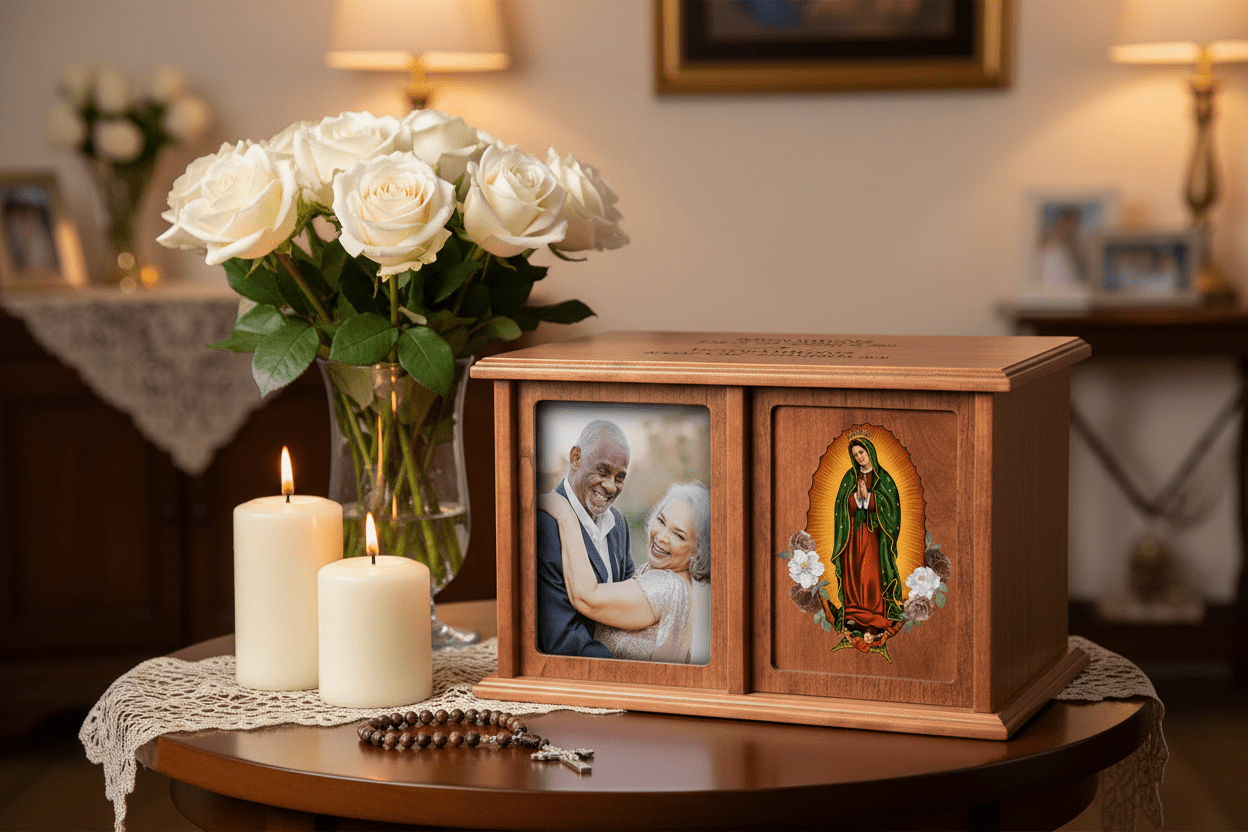 Our Lady of Guadalupe Wood Cremation Urn – Personalized Catholic Memorial | Double Companion Urn with Glass-Protected 5x7 Photo Frame | USA Made - LifeSong Milestones