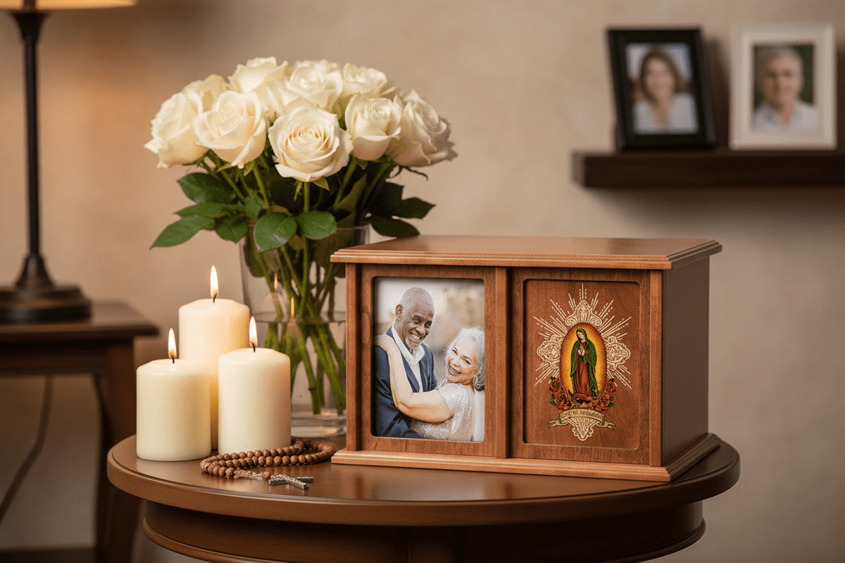Our Lady of Guadalupe Wood Cremation Urn – Personalized Catholic Memorial | Double Companion Urn with Glass-Protected 5x7 Photo Frame | USA Made - LifeSong Milestones