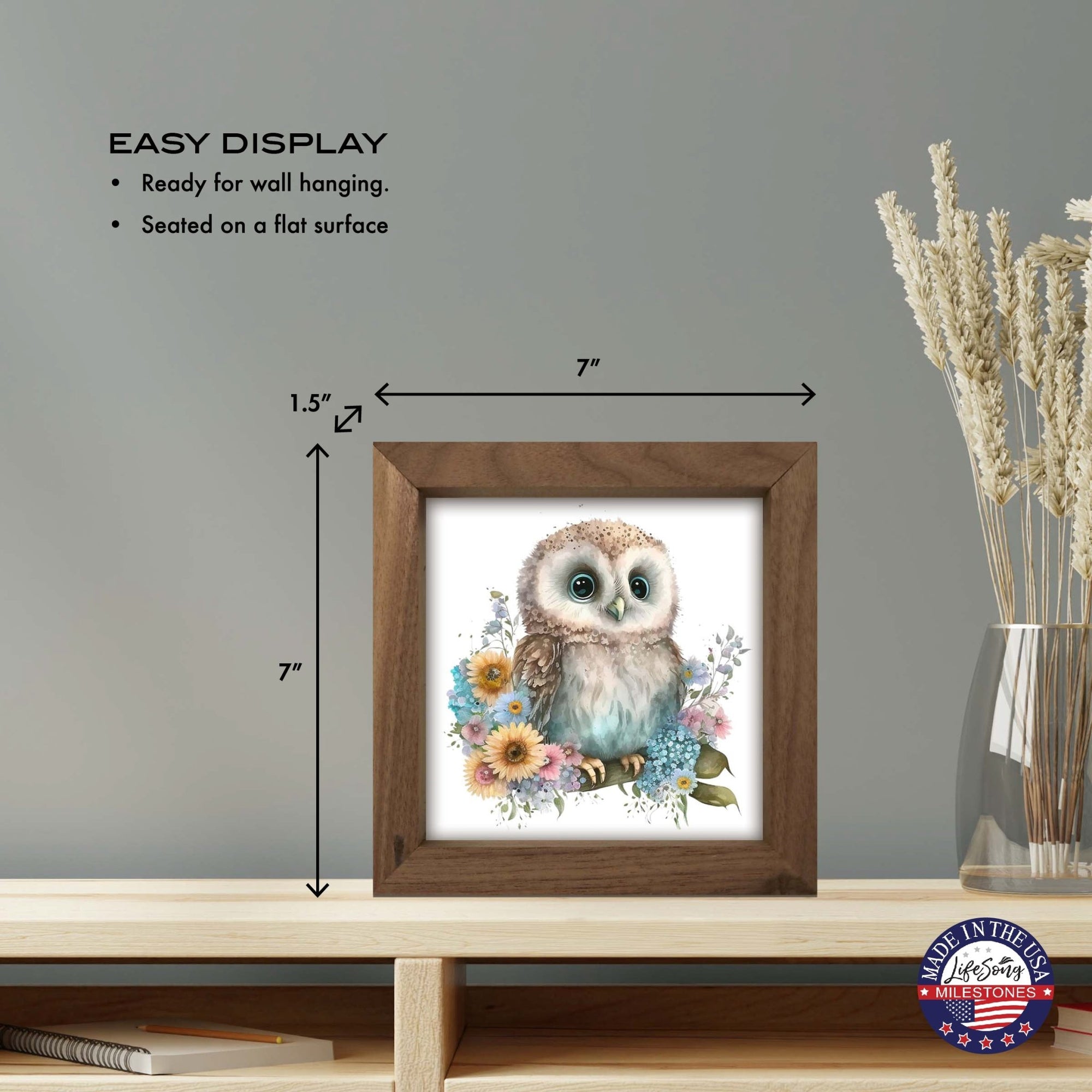 Owl Collection: 7x7 Wooden Wall Art Sign Framed Shadow Box| Baby Owl - LifeSong Milestones
