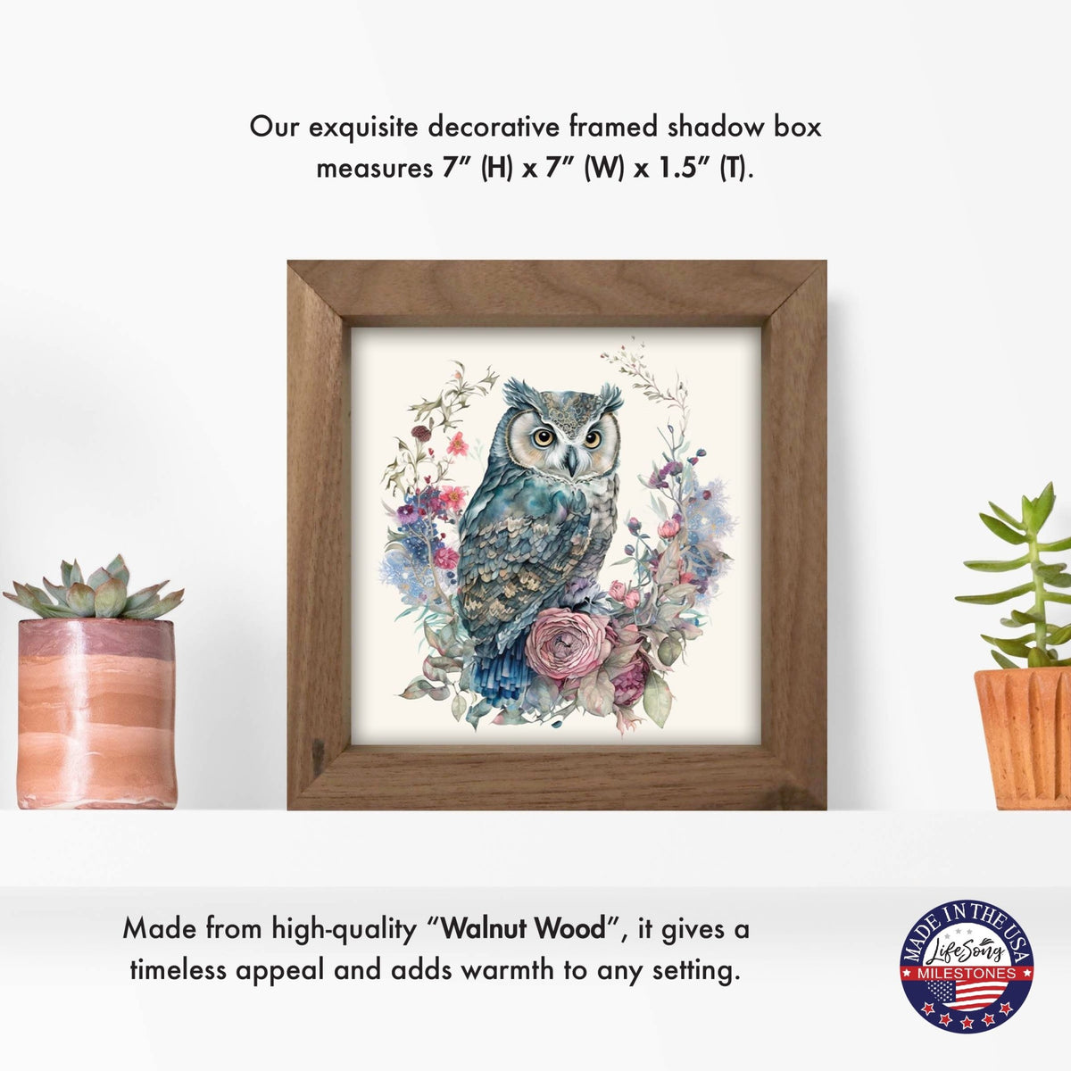 Owl Collection: 7x7 Wooden Wall Art Sign Framed Shadow Box| Large Owl - LifeSong Milestones