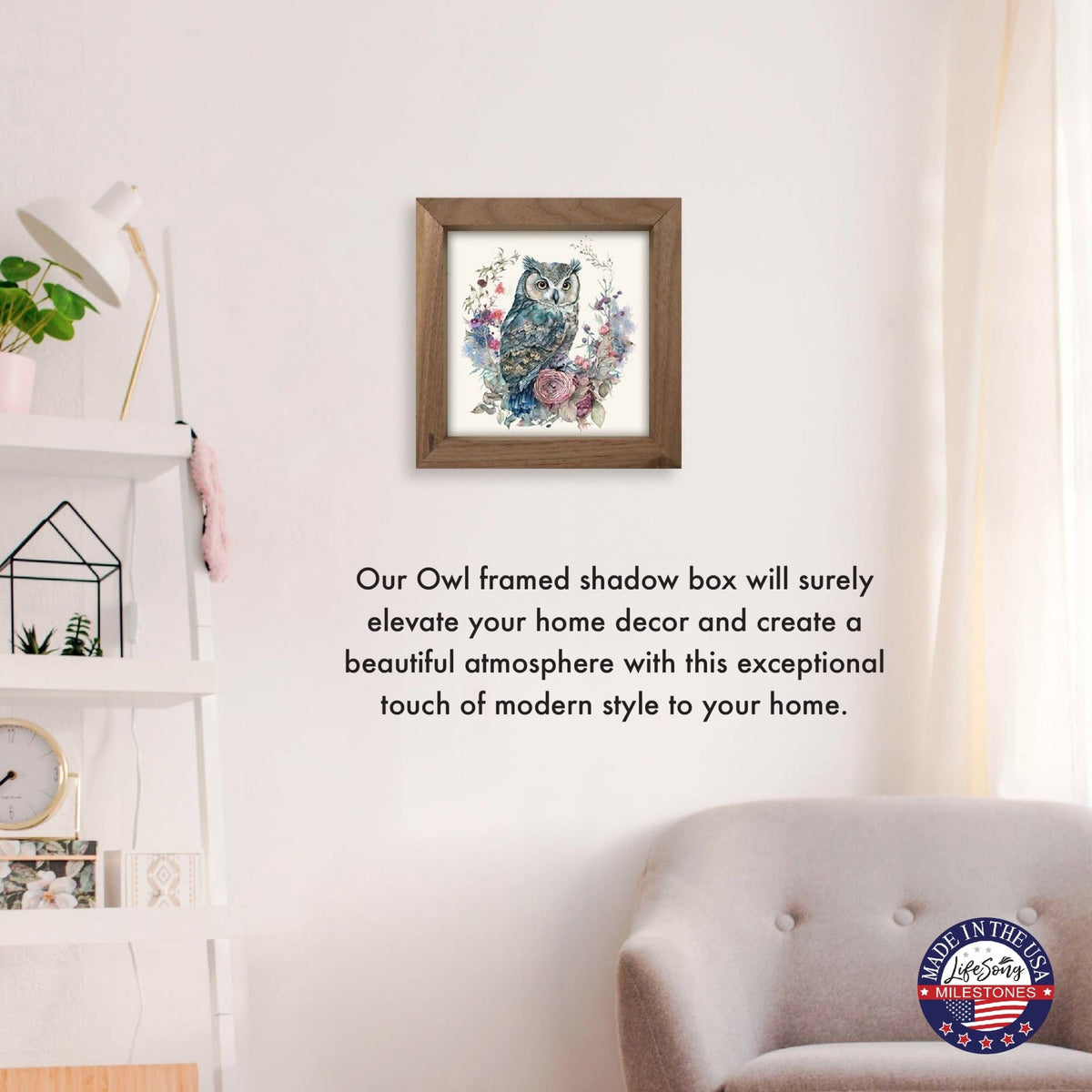 Owl Collection: 7x7 Wooden Wall Art Sign Framed Shadow Box| Large Owl - LifeSong Milestones