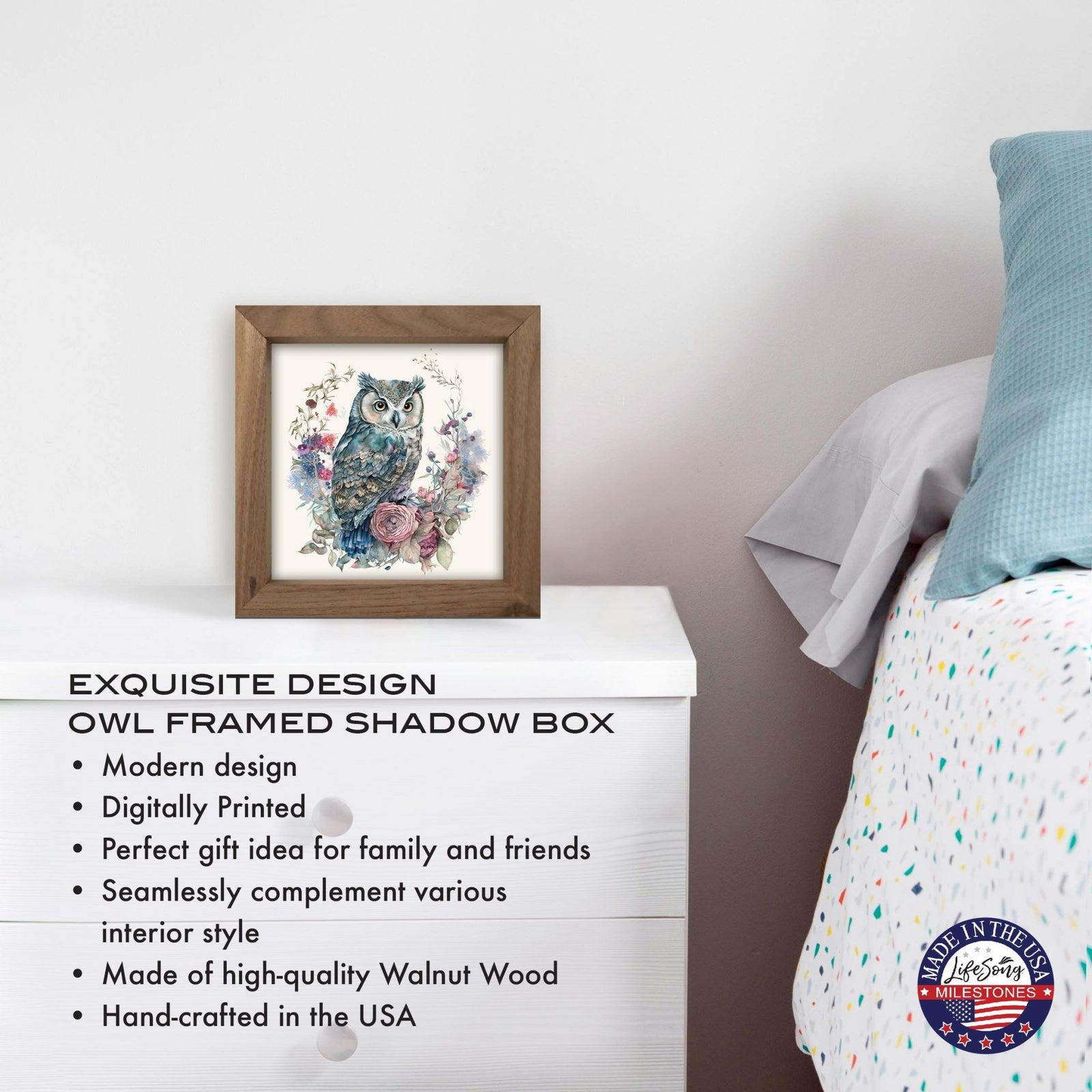 Owl Collection: 7x7 Wooden Wall Art Sign Framed Shadow Box| Large Owl - LifeSong Milestones