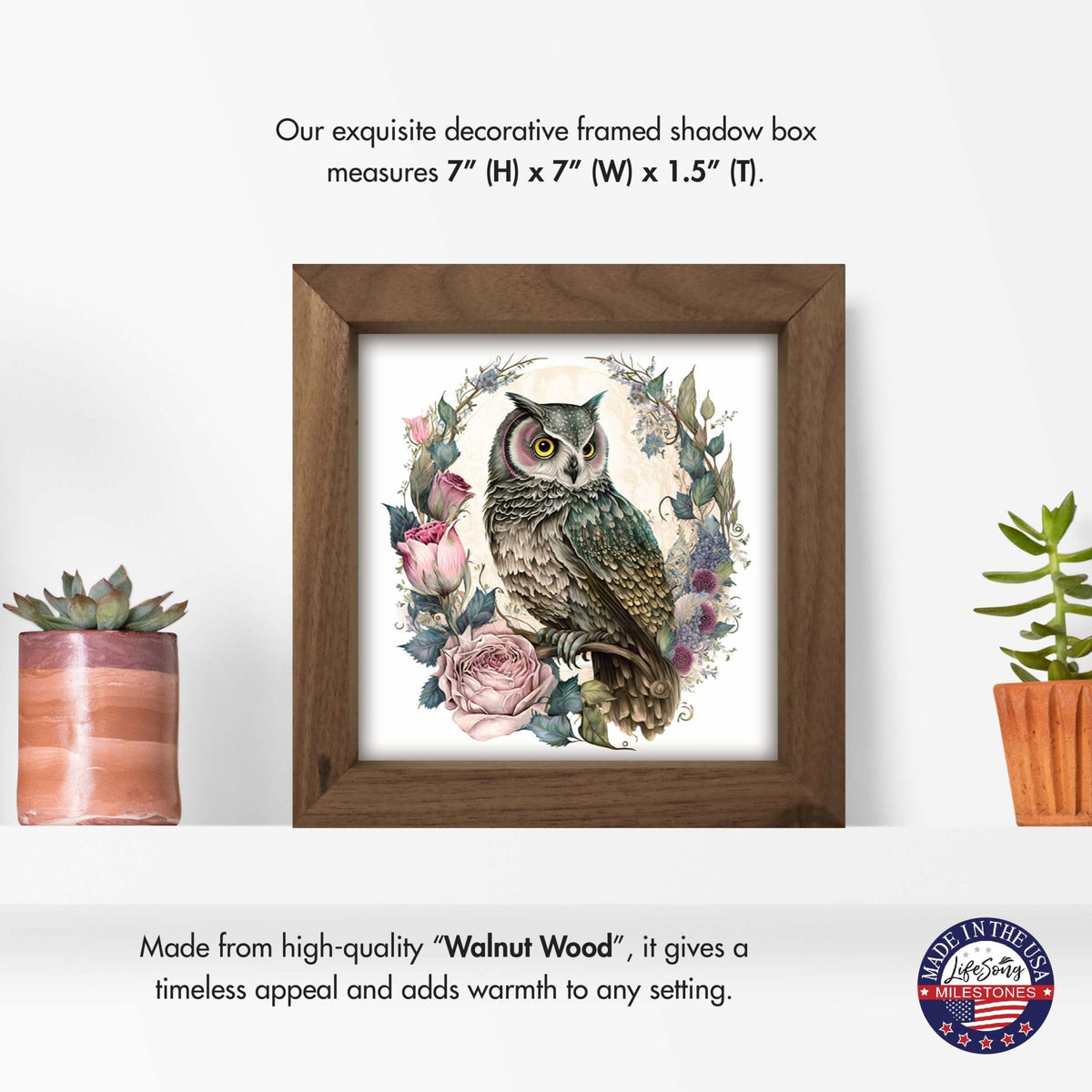 Owl Collection: 7x7 Wooden Wall Art Sign Framed Shadow Box| Large Owl2 - LifeSong Milestones