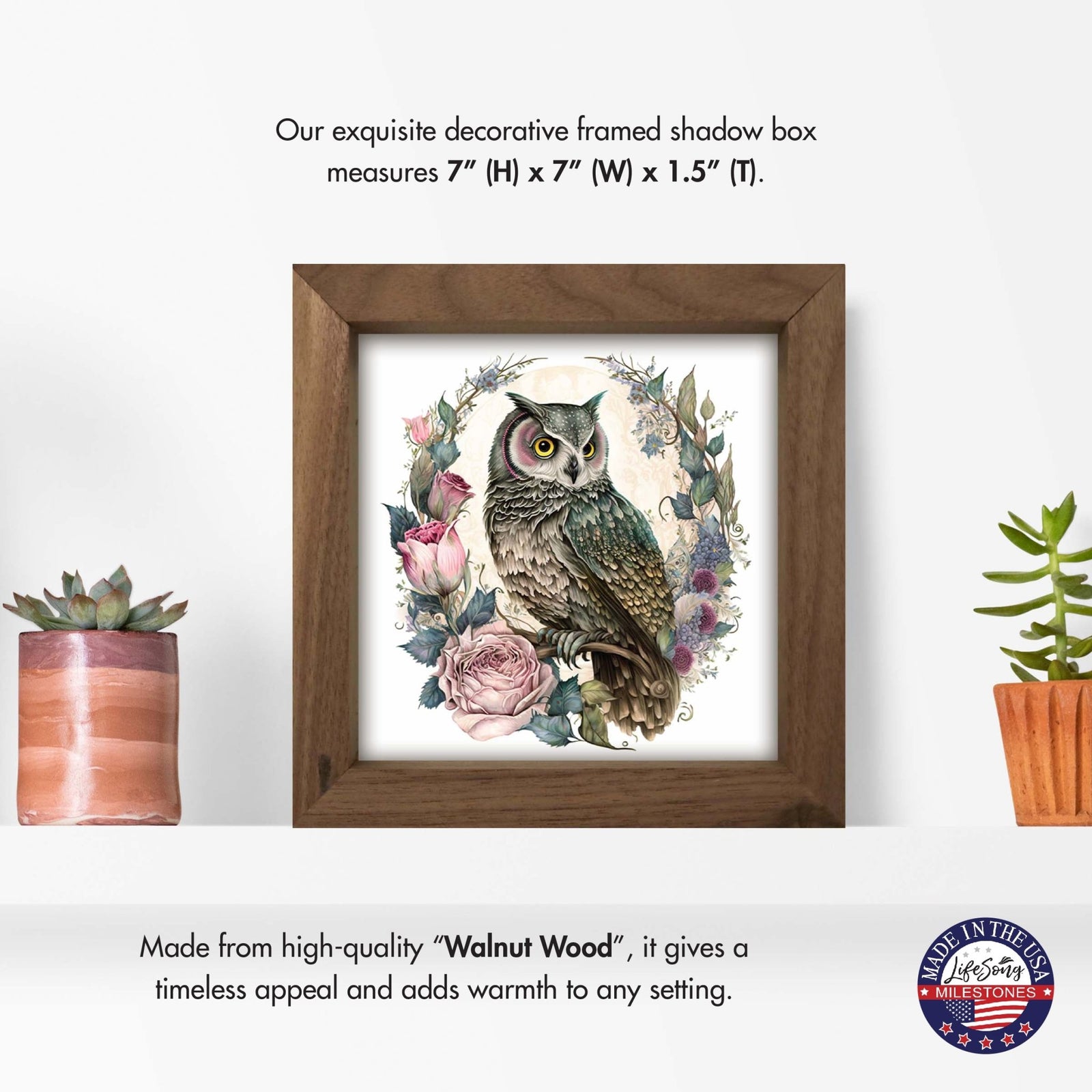 Owl Collection: 7x7 Wooden Wall Art Sign Framed Shadow Box| Large Owl2 - LifeSong Milestones