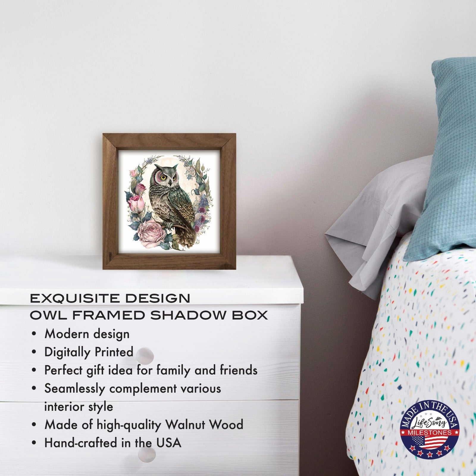 Owl Collection: 7x7 Wooden Wall Art Sign Framed Shadow Box| Large Owl2 - LifeSong Milestones