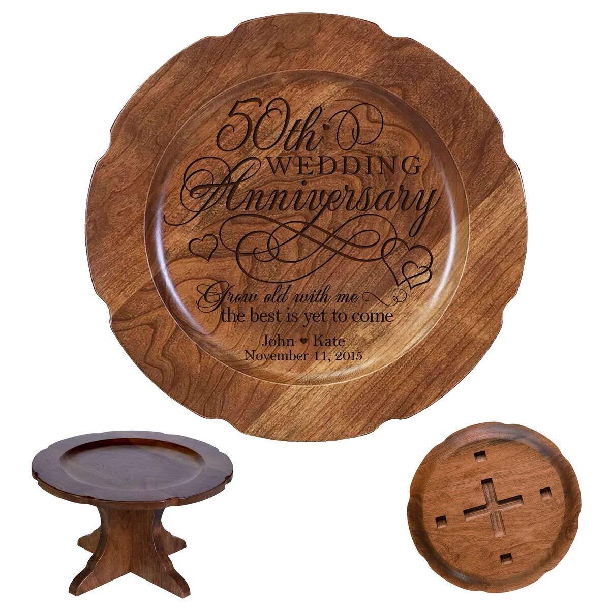 Engraved “Happy 50th Anniversary” text on cherry wood cake stand, customizable with names and date
