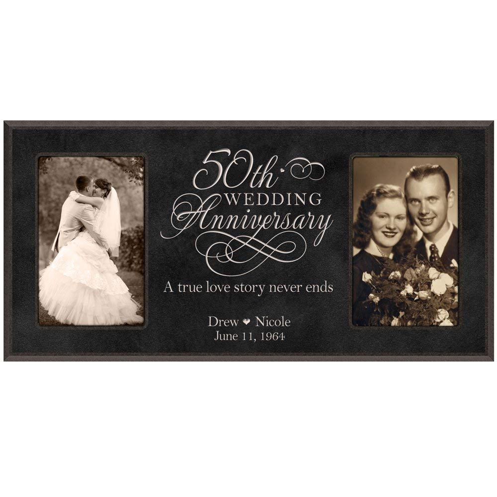 Black wood 50th anniversary double photo frame, handcrafted USA, ideal golden wedding milestone keepsake