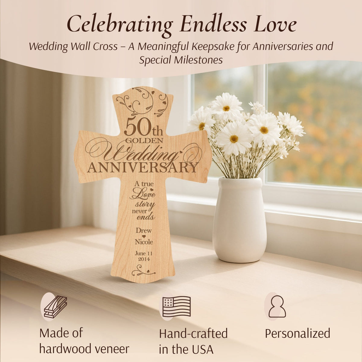 Personalized 50th Wedding Anniversary Wall Cross 8.5x11" | Handcrafted Cherry &amp; Maple Wood | A True Love Story Never Ends | Golden Anniversary Gift for Parents Grandparents Couple - LifeSong Milestones