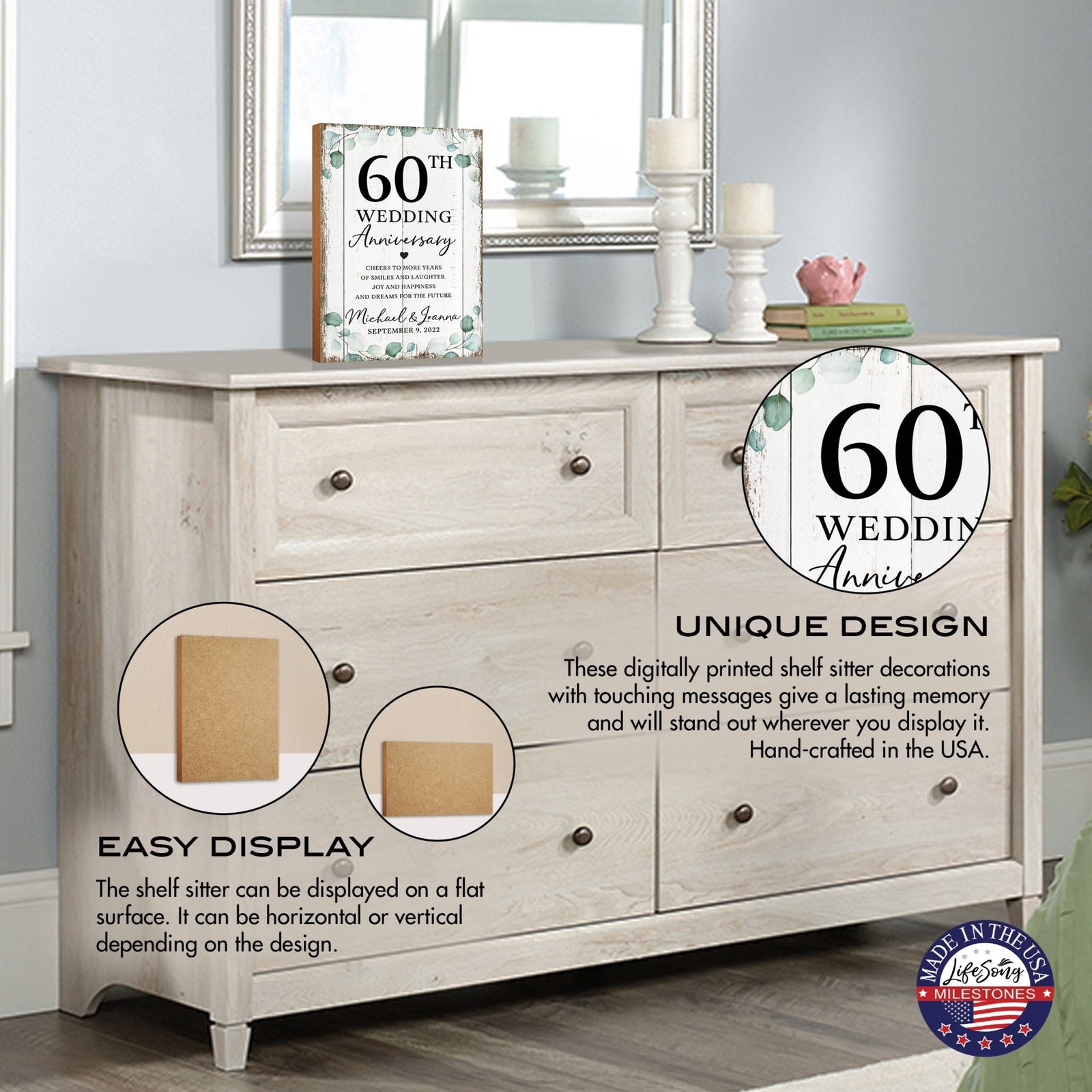 Personalized 60th Wedding Anniversary Unique Shelf Décor and Tabletop Signs - Cheers To More Years - LifeSong Milestones