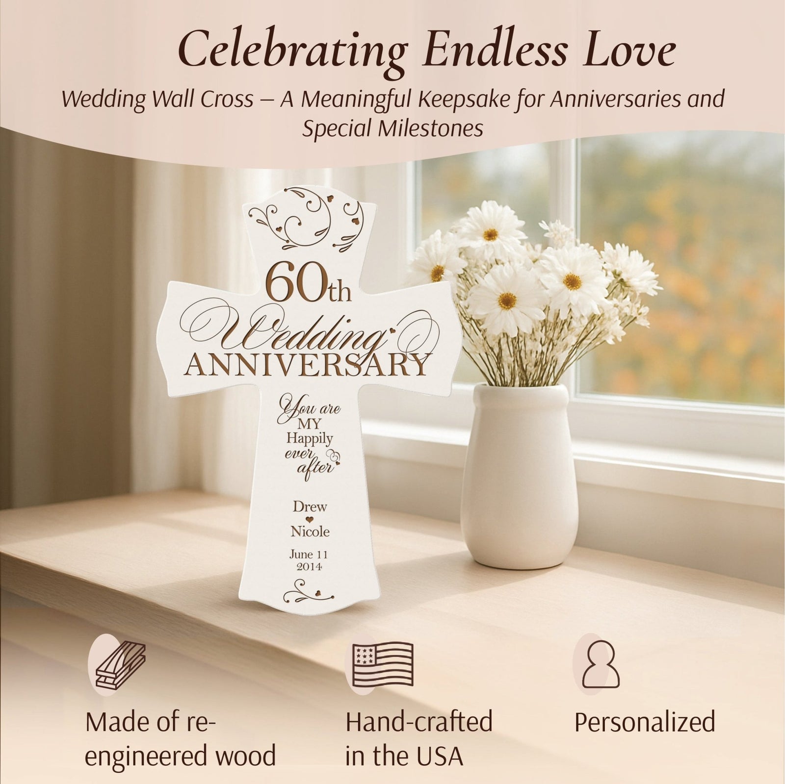 Personalized 60th Wedding Anniversary Wall Cross – "You Are My Happily Ever After" | Diamond Anniversary Gift - LifeSong Milestones