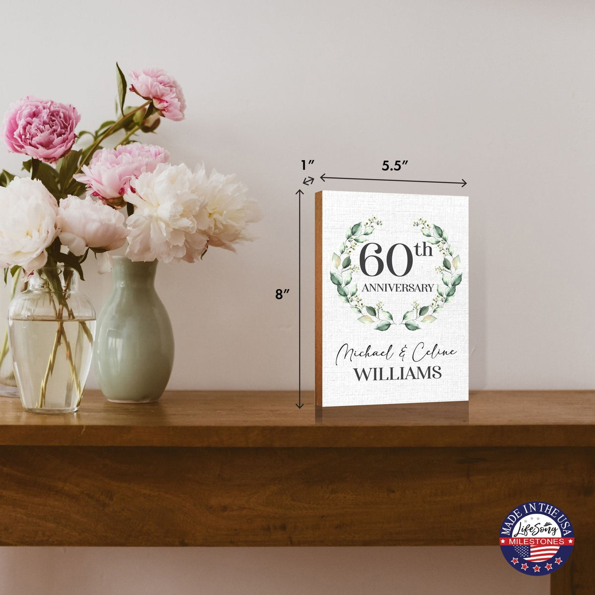 Personalized 60th Wedding Anniversary Wooden Shelf Décor and Tabletop Signs Gifts for Couples - LifeSong Milestones