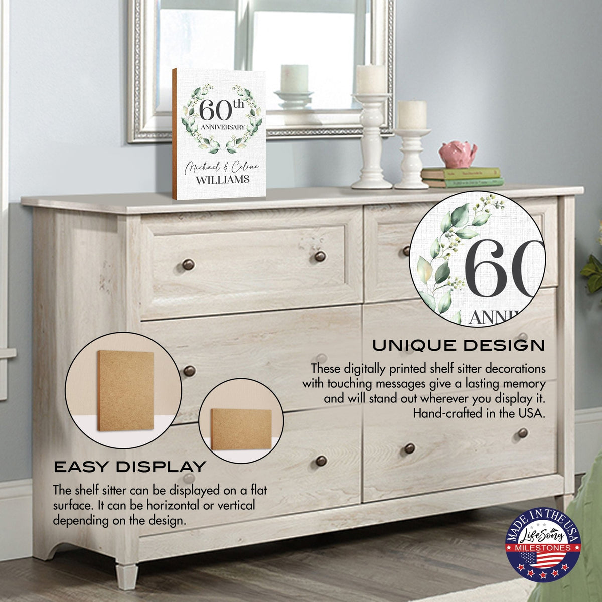 Personalized 60th Wedding Anniversary Wooden Shelf Décor and Tabletop Signs Gifts for Couples - LifeSong Milestones