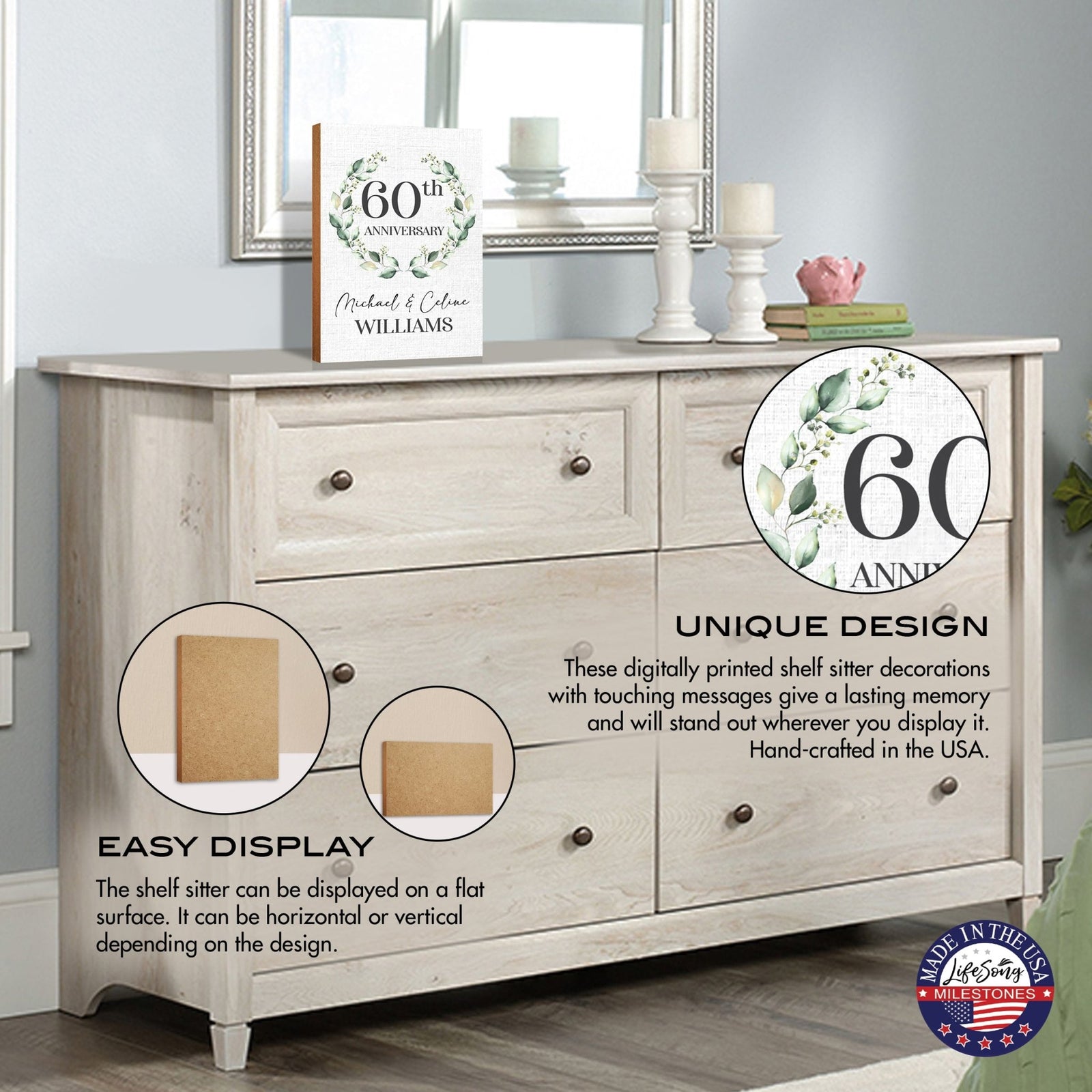 Personalized 60th Wedding Anniversary Wooden Shelf Décor and Tabletop Signs Gifts for Couples - LifeSong Milestones