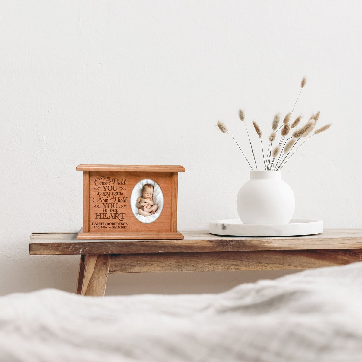 Personalized Baby Cremation Urn with Photo Frame – "Once I Held You" | Cherry Wood - LifeSong Milestones