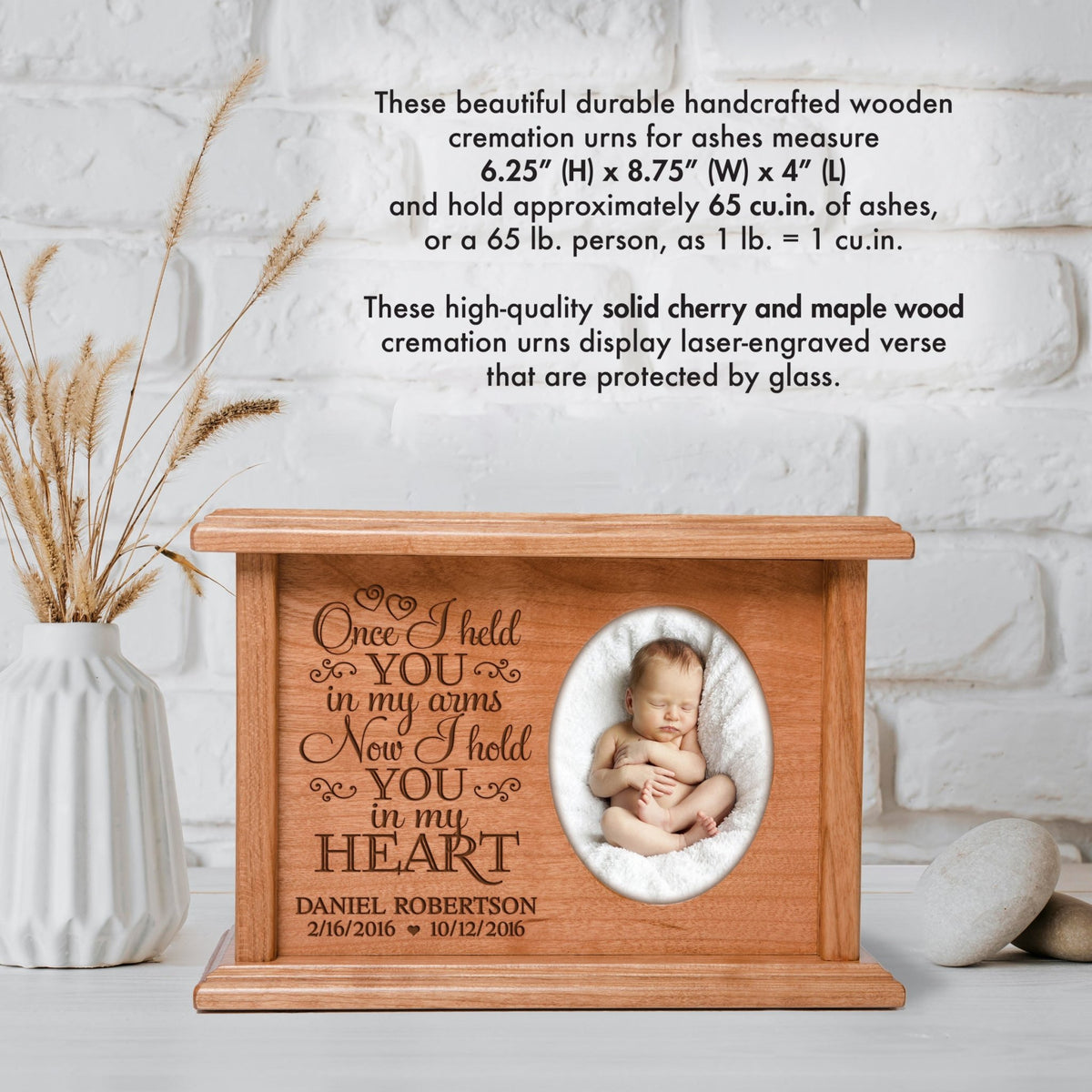 Personalized Baby Cremation Urn with Photo Frame – "Once I Held You" | Cherry Wood - LifeSong Milestones