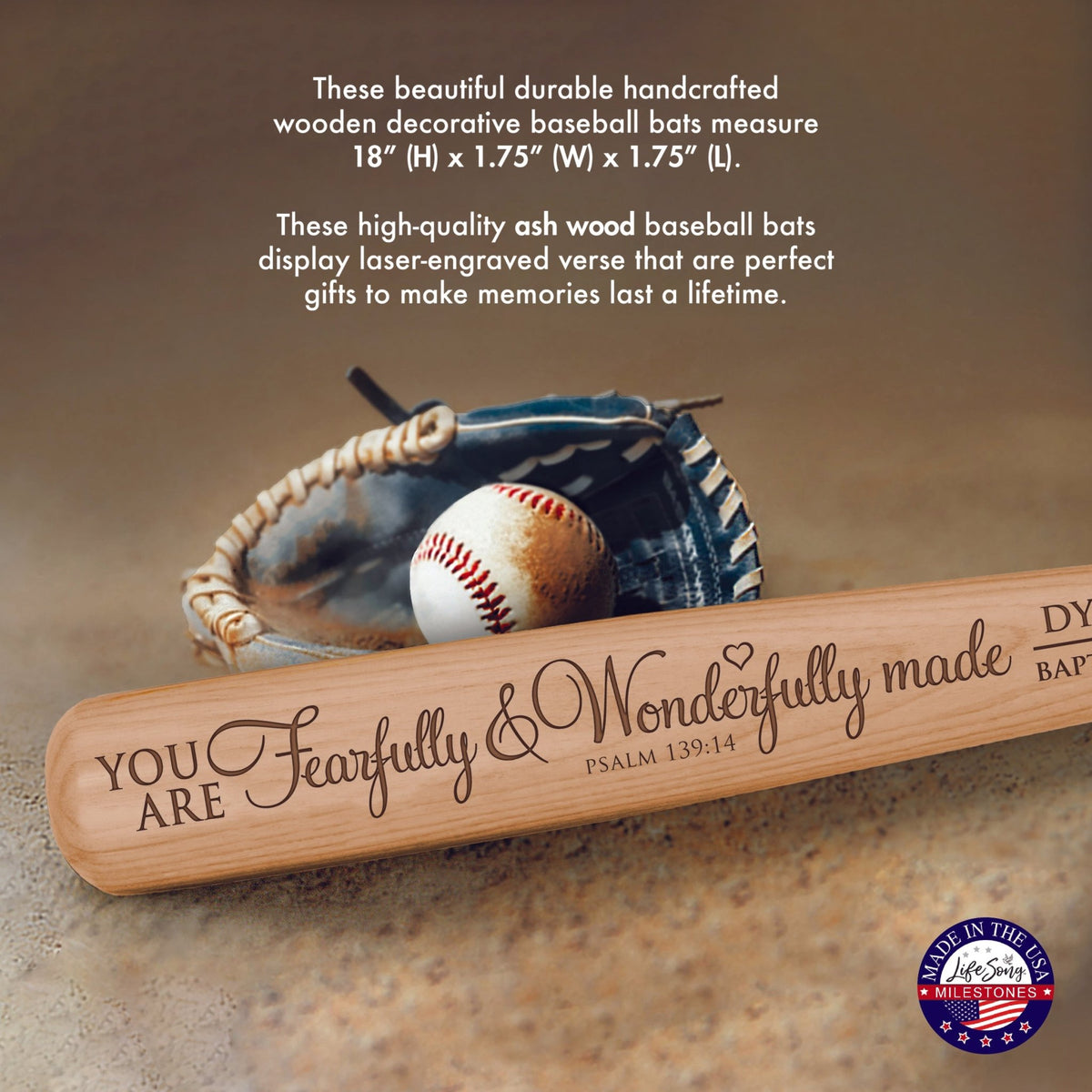 Personalized Baseball Bat Baptism Gifts For Boys - Fearfully and Wonderfully - LifeSong Milestones