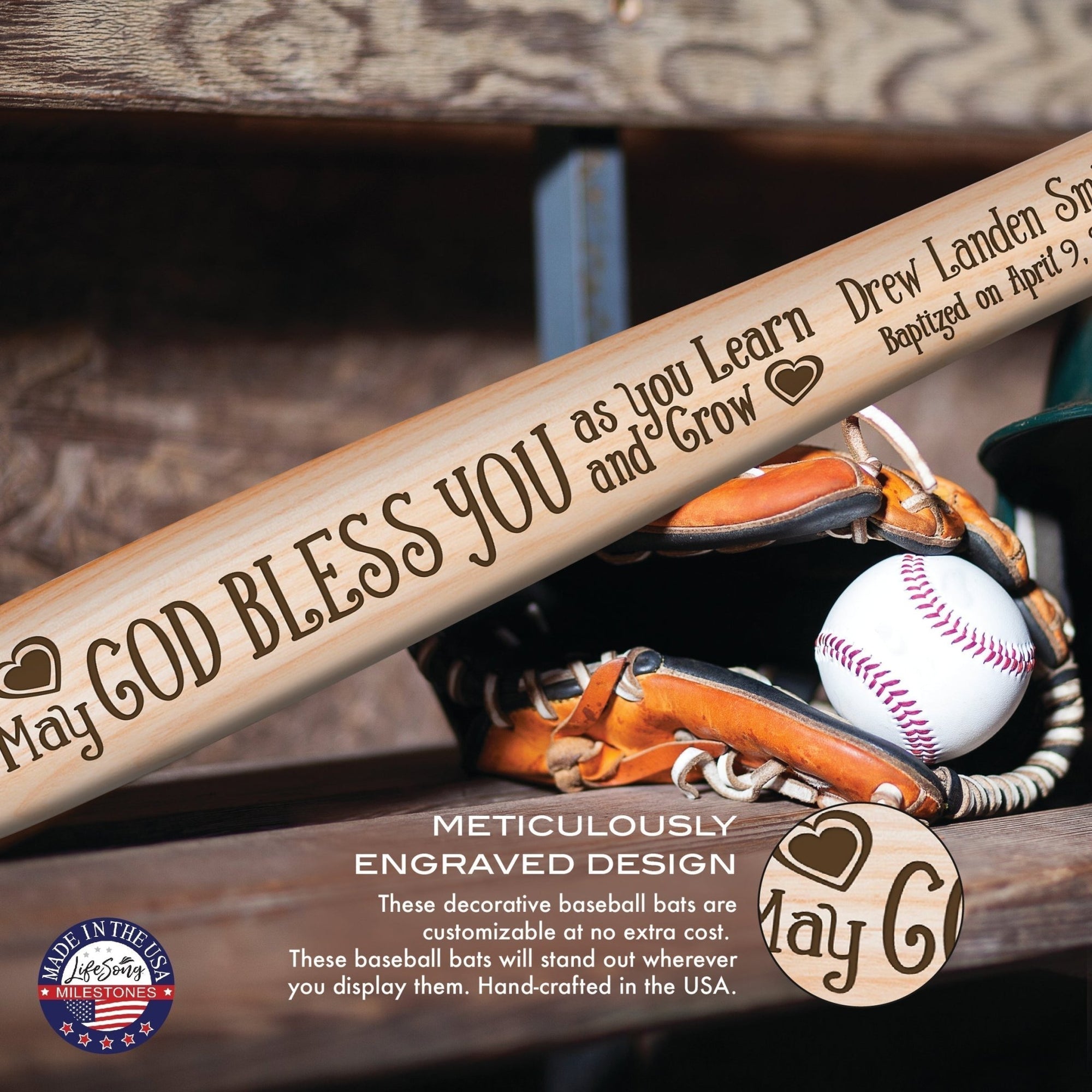 Personalized Baseball Bat Baptism Gifts For Boys - May God Bless You - LifeSong Milestones