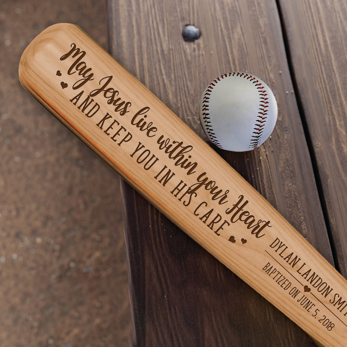 Personalized Baseball Bat Baptism Gifts For Boys - May Jesus Live Within You Heart - LifeSong Milestones