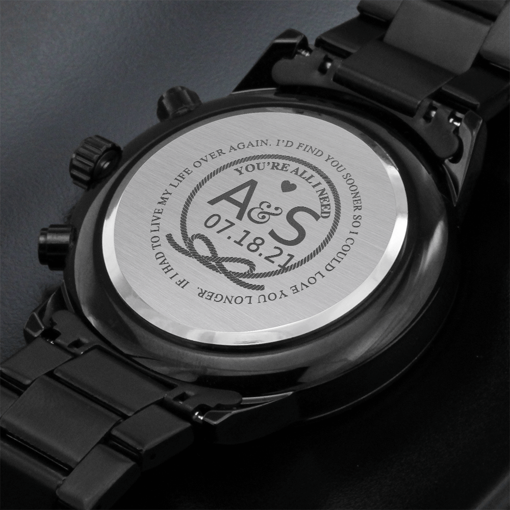 Personalized Black Chronograph Watch – Engraved Anniversary Gift for Husband or Father - LifeSong Milestones