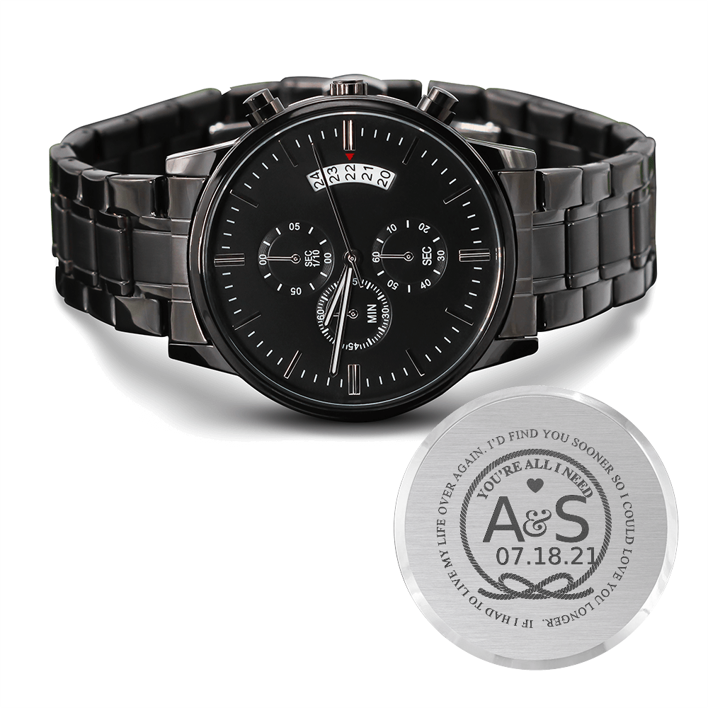 Personalized Black Chronograph Watch – Engraved Anniversary Gift for Husband or Father - LifeSong Milestones