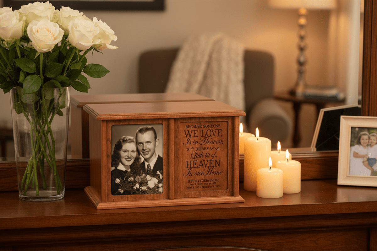 Personalized Companion Cremation Urn for Two – Because Someone We Love Is in Heaven Cherry Wood Double Urn with 5x7 Photo Frame - LifeSong Milestones