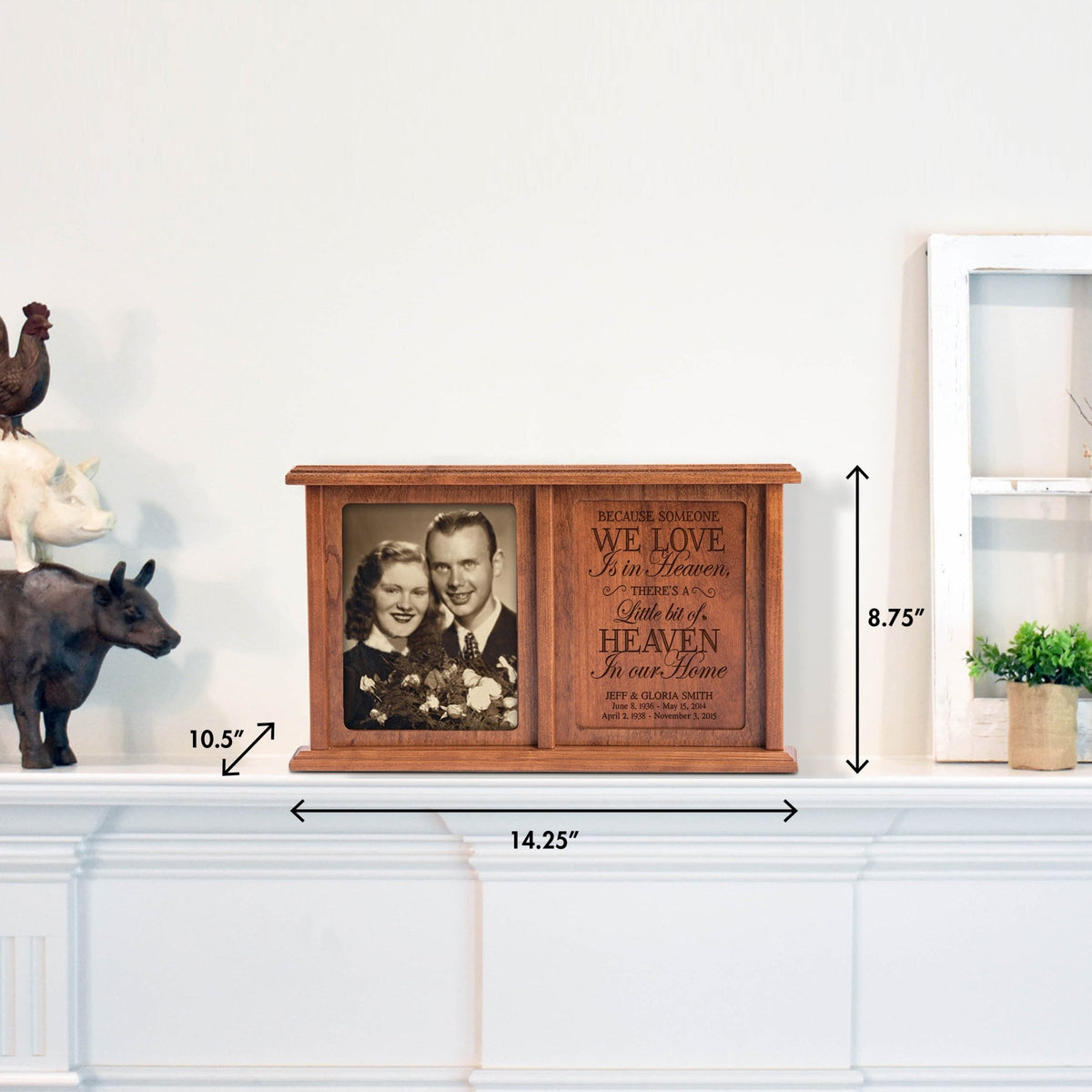 Personalized Companion Cremation Urn for Two – Because Someone We Love Is in Heaven Cherry Wood Double Urn with 5x7 Photo Frame - LifeSong Milestones