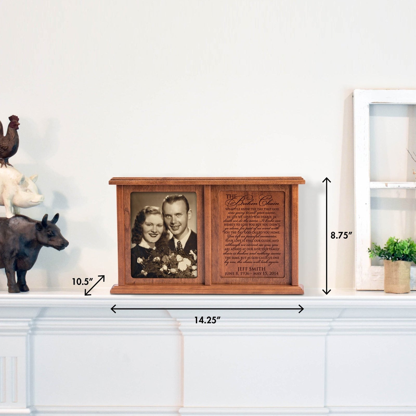 Personalized Companion Cremation Urn for Two – Broken Chain Cherry Wood Double Urn with 5x7 Photo Frame - LifeSong Milestones