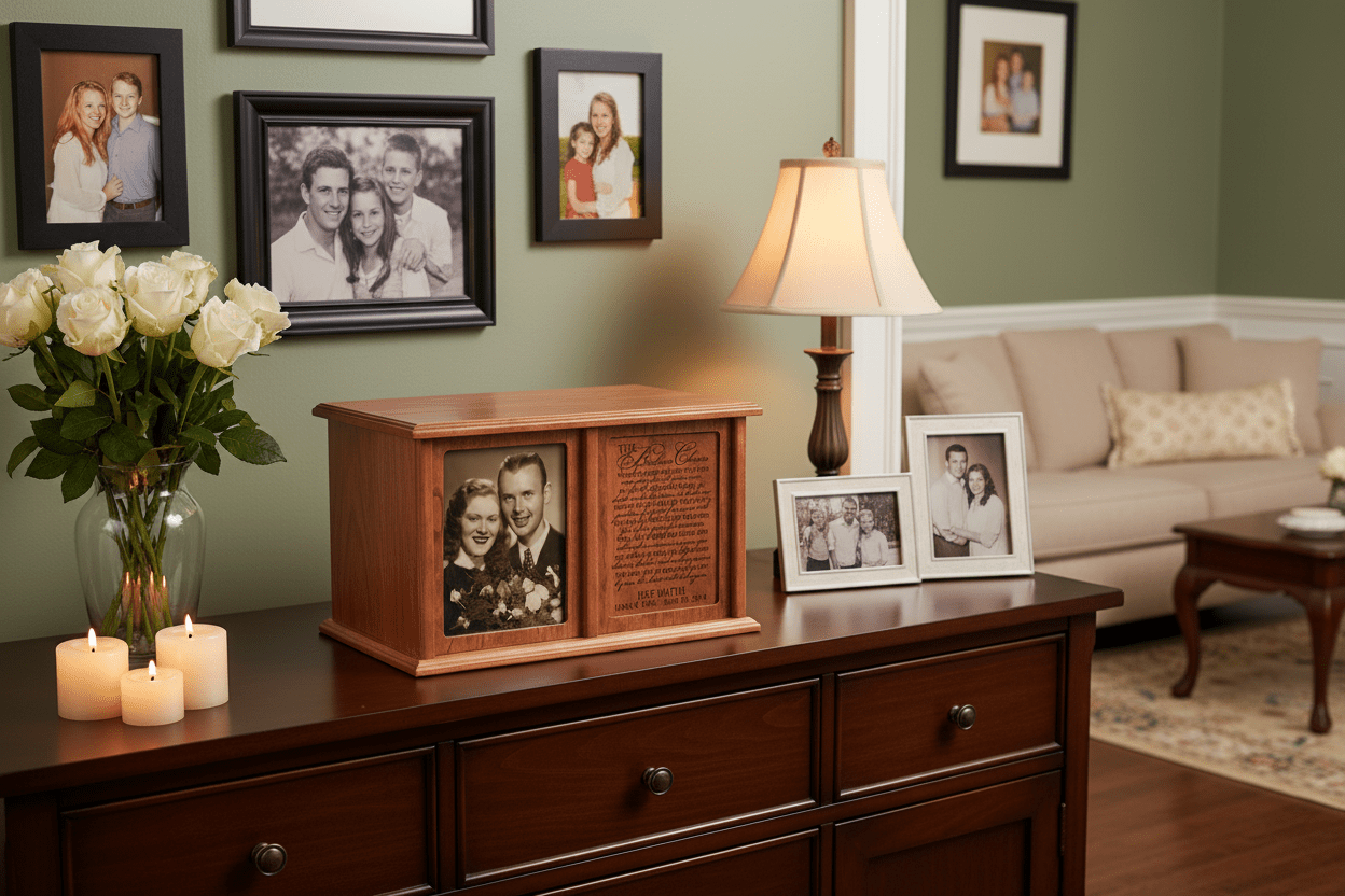 Personalized Companion Cremation Urn for Two – Broken Chain Cherry Wood Double Urn with 5x7 Photo Frame - LifeSong Milestones