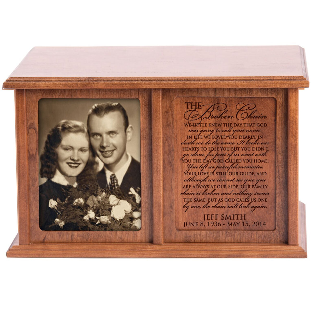 Personalized Companion Cremation Urn for Two – Broken Chain Cherry Wood Double Urn with 5x7 Photo Frame - LifeSong Milestones