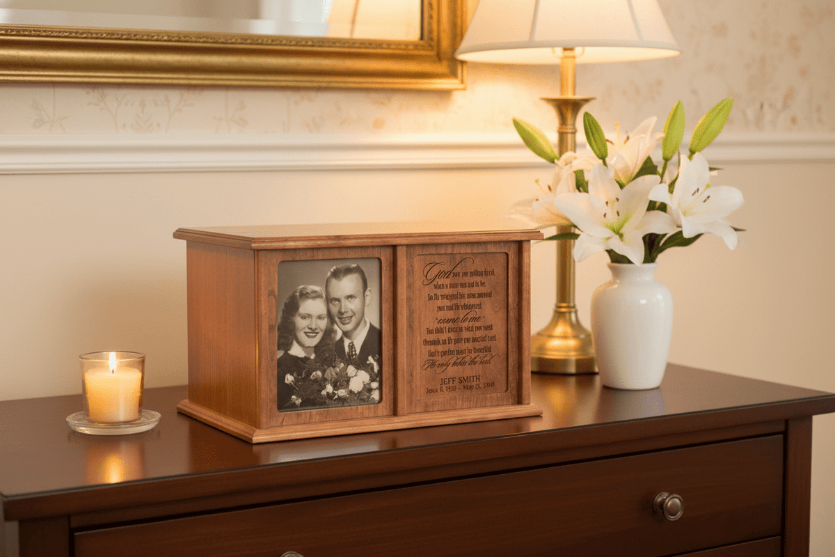 Personalized Companion Cremation Urn for Two – God Saw You Getting Tired Cherry Wood Double Urn with 5x7 Photo Frame - LifeSong Milestones
