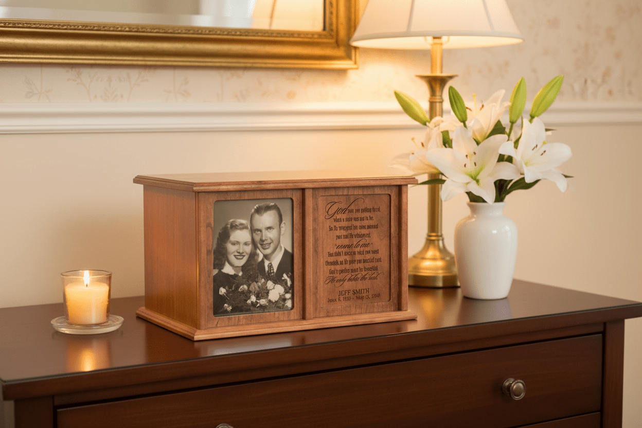 Personalized Companion Cremation Urn for Two – God Saw You Getting Tired Cherry Wood Double Urn with 5x7 Photo Frame - LifeSong Milestones