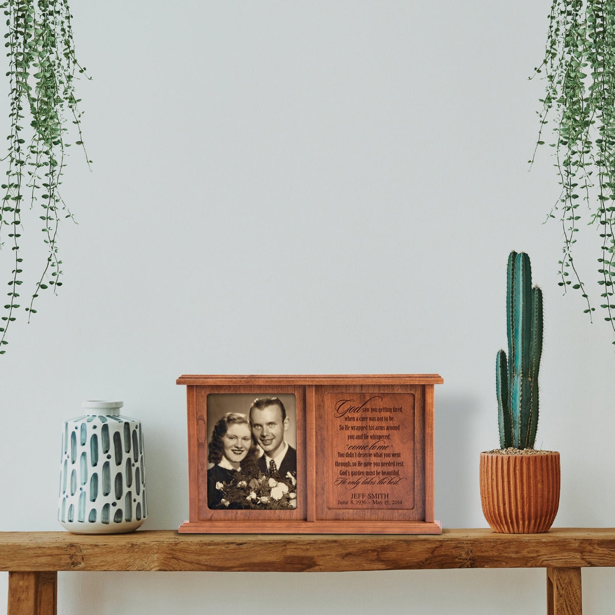 Personalized Companion Cremation Urn for Two – God Saw You Getting Tired Cherry Wood Double Urn with 5x7 Photo Frame - LifeSong Milestones