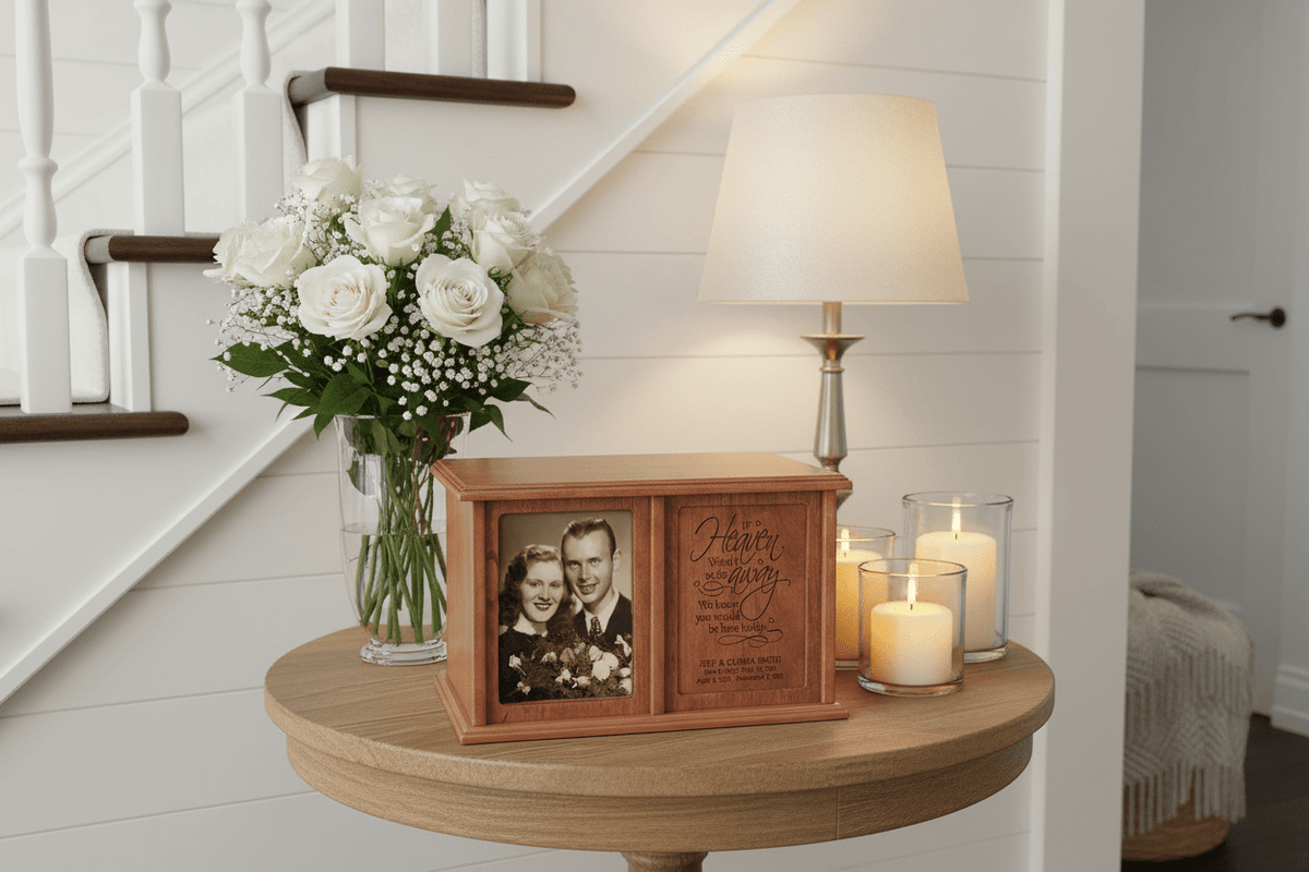Personalized Companion Cremation Urn for Two – If Heaven Wasn't So Far Away | Cherry Wood Double Urn with 5x7 Photo Frame - LifeSong Milestones