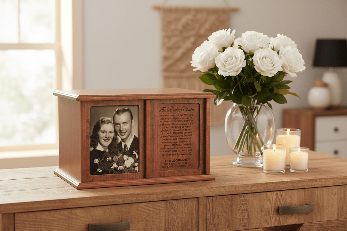 Personalized Companion Cremation Urn for Two – "The Broken Chain" Cherry Wood Double Urn with 5x7 Photo Frame | USA Made - LifeSong Milestones