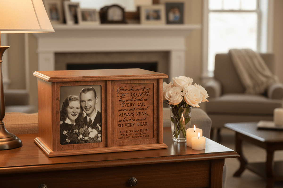 Personalized Companion Cremation Urn for Two – Those Who We Love Cherry Wood Double Urn with 5x7 Photo Frame - LifeSong Milestones
