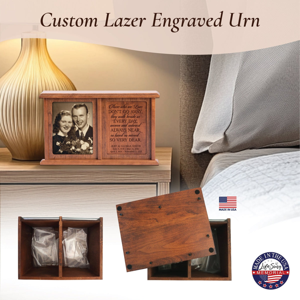 Personalized Companion Cremation Urn for Two – Those Who We Love Cherry Wood Double Urn with 5x7 Photo Frame - LifeSong Milestones