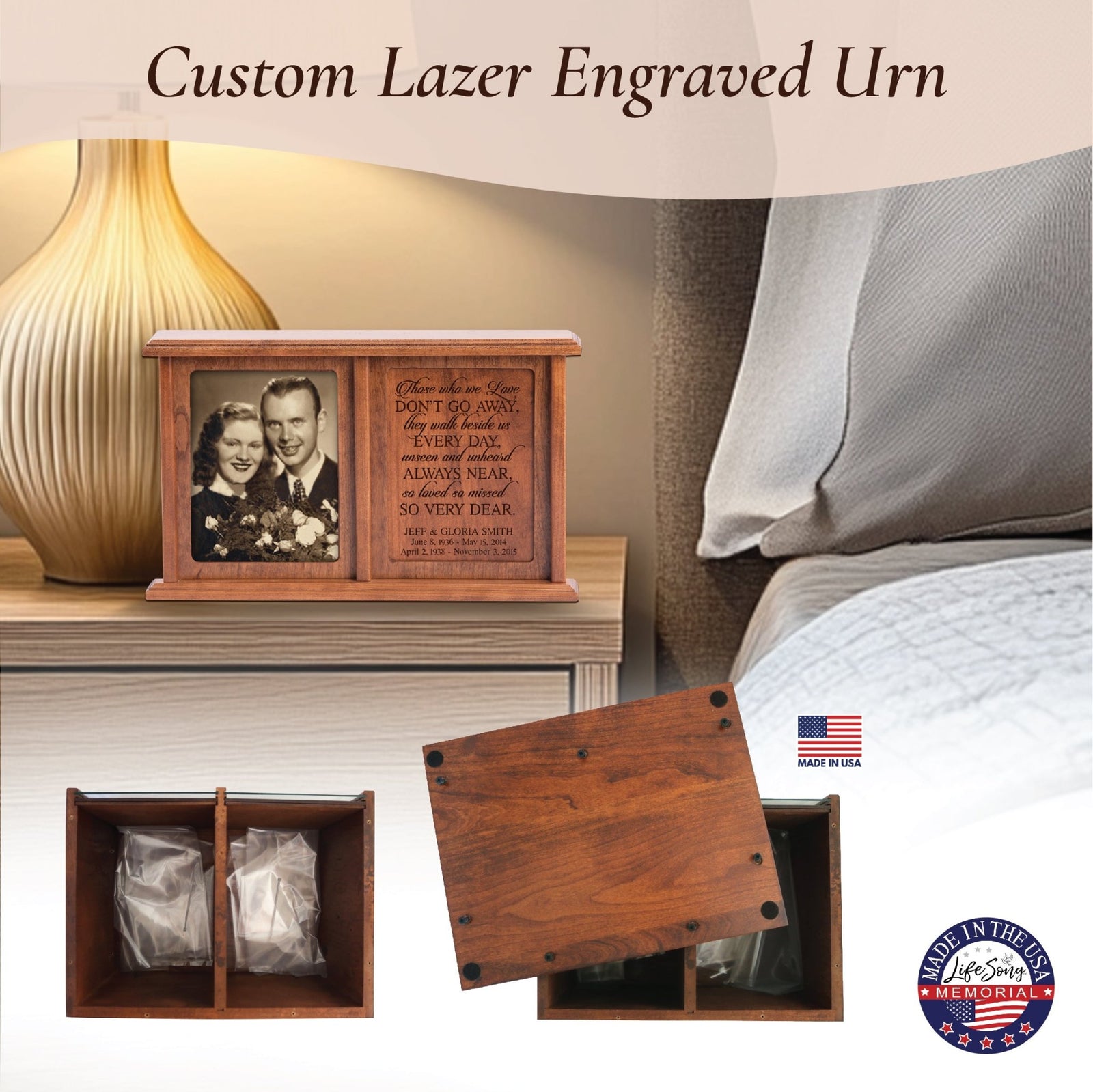 Personalized Companion Cremation Urn for Two – Those Who We Love Cherry Wood Double Urn with 5x7 Photo Frame - LifeSong Milestones