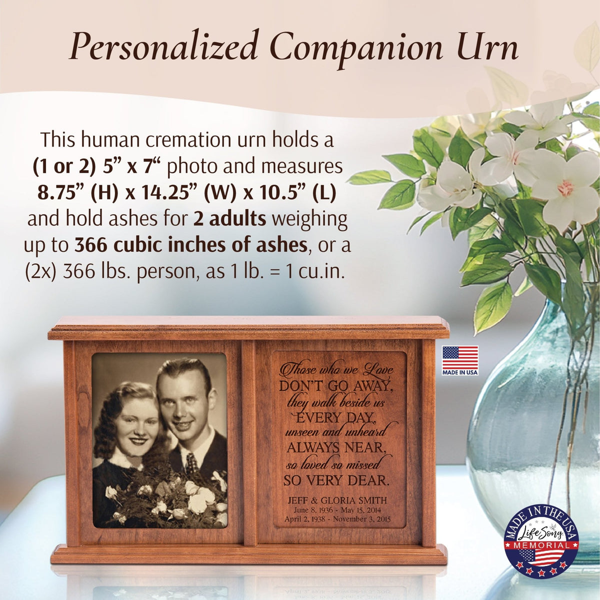 Personalized Companion Cremation Urn for Two – Those Who We Love Cherry Wood Double Urn with 5x7 Photo Frame - LifeSong Milestones