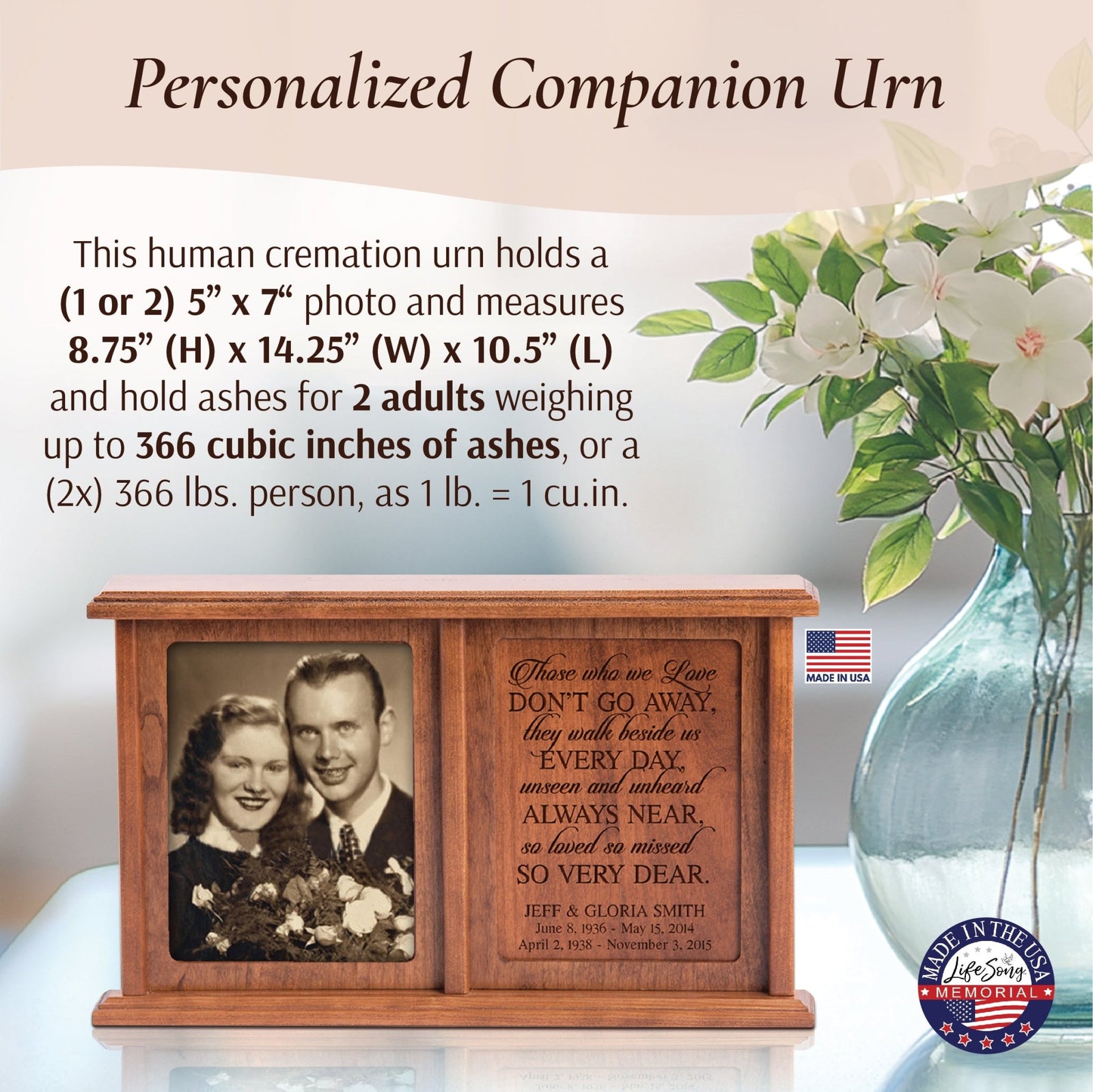 Personalized Companion Cremation Urn for Two – Those Who We Love Cherry Wood Double Urn with 5x7 Photo Frame - LifeSong Milestones