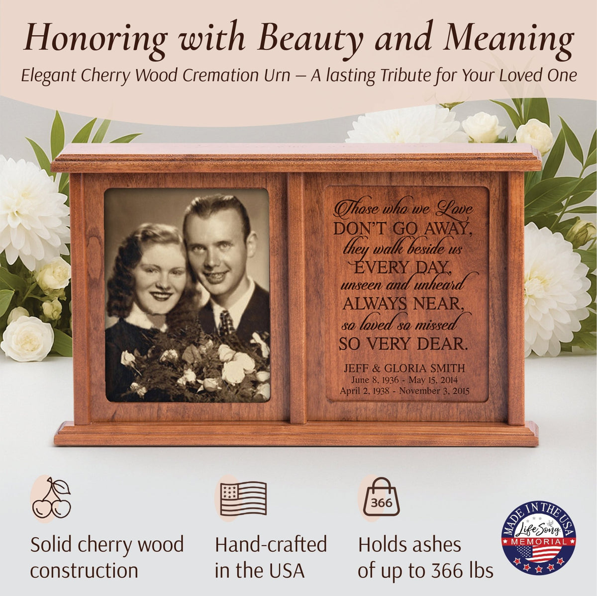 Personalized Companion Cremation Urn for Two – Those Who We Love Cherry Wood Double Urn with 5x7 Photo Frame - LifeSong Milestones