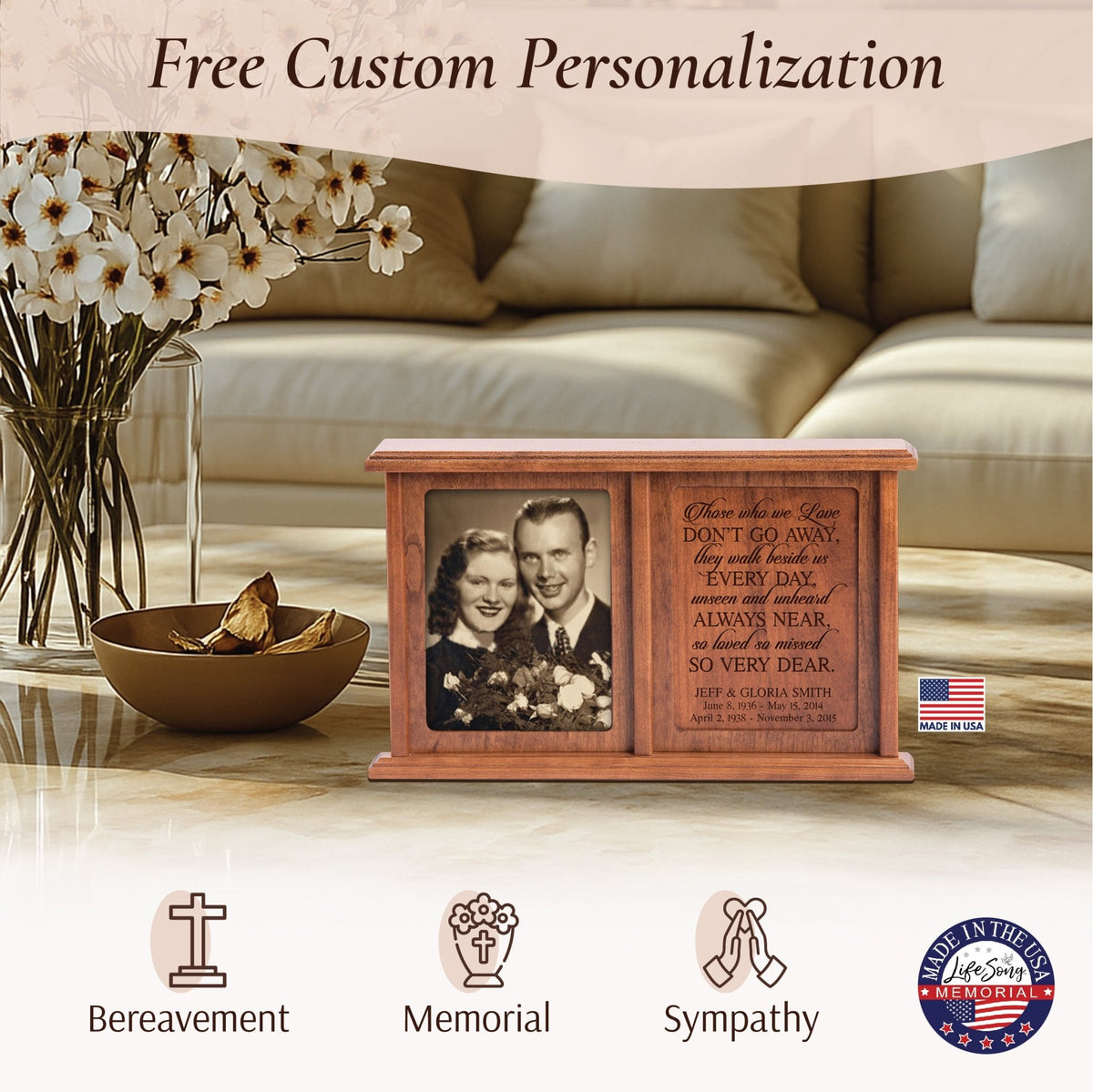 Personalized Companion Cremation Urn for Two – Those Who We Love Cherry Wood Double Urn with 5x7 Photo Frame - LifeSong Milestones
