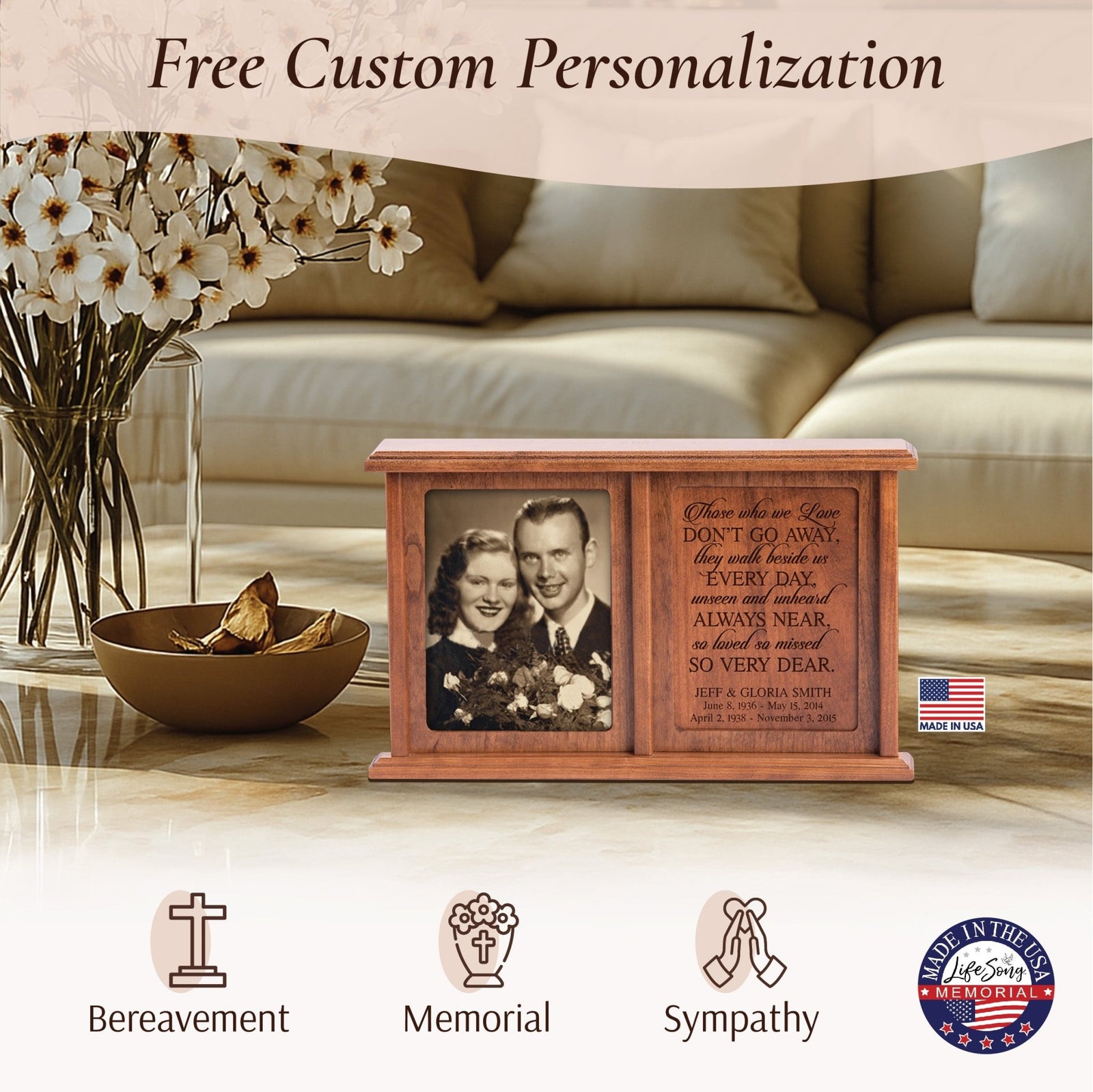 Personalized Companion Cremation Urn for Two – Those Who We Love Cherry Wood Double Urn with 5x7 Photo Frame - LifeSong Milestones